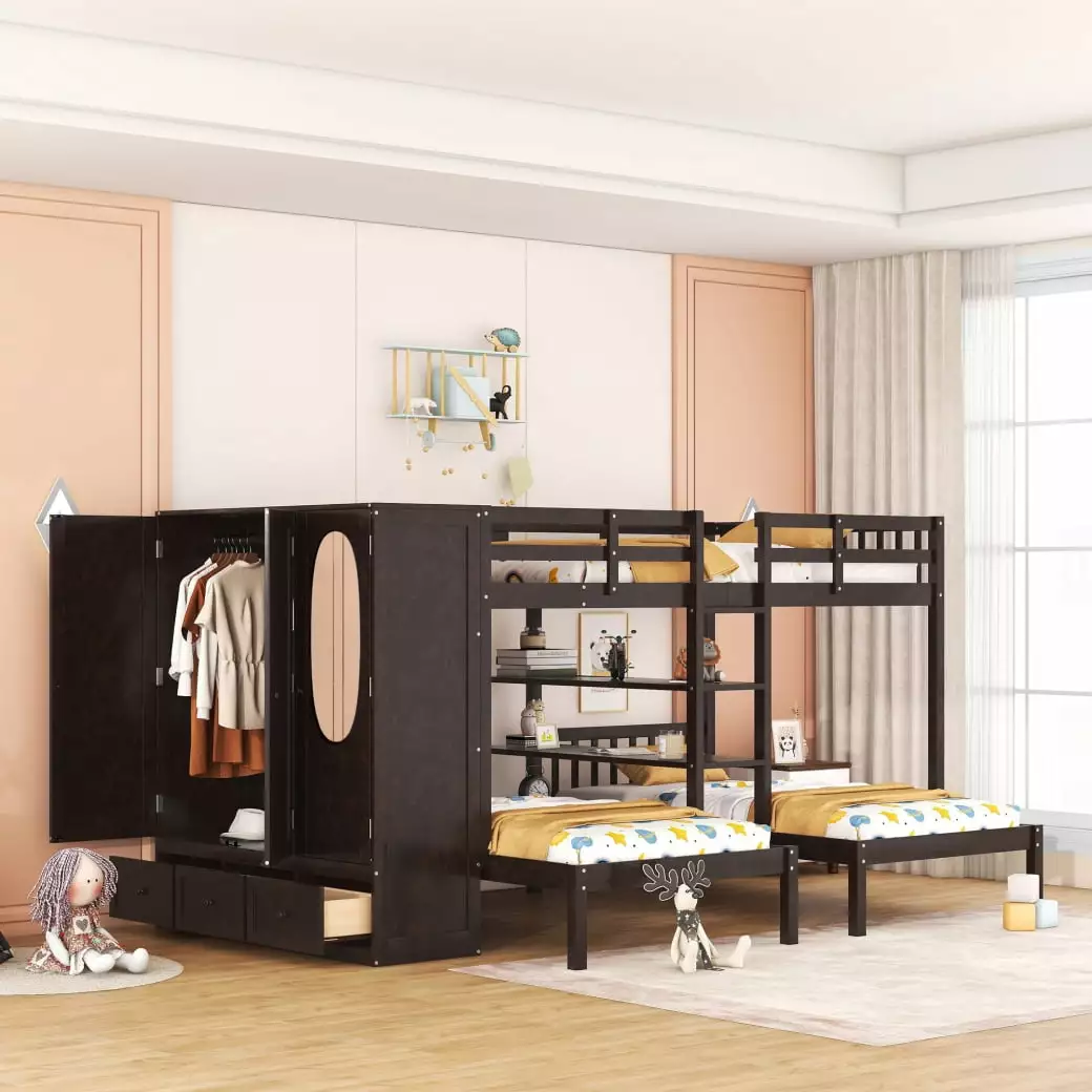 Triple Bunk Bed Wardrobe Full Over Twin and Twin Bunk Beds 3 Mirror and Shelves Espresso Triple Tree