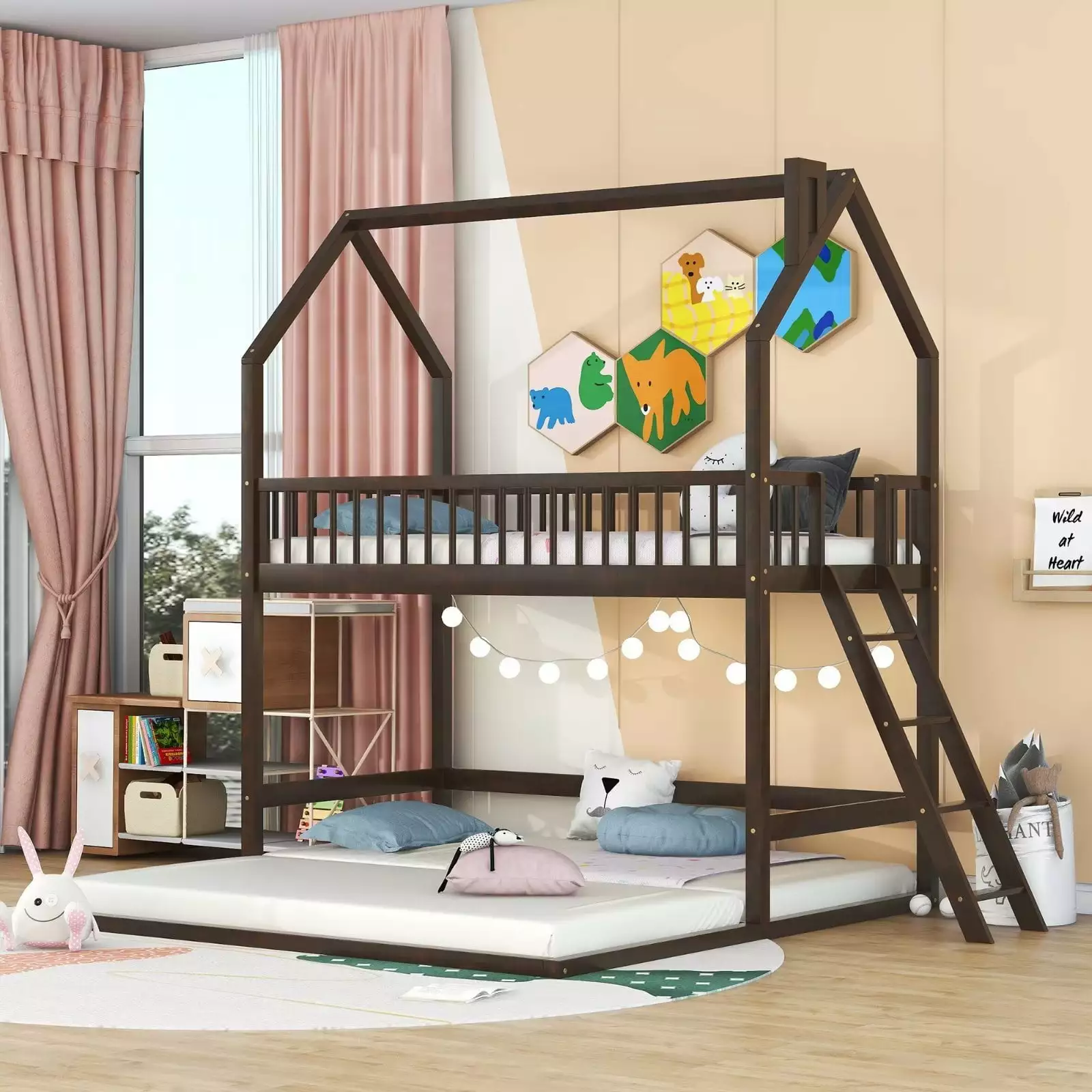 Twin Size Bunk Bed Frame 3 Children Extending Wooden Triple Bunk Beds Houtilize Bed Guardrail Espresso Triple Tree