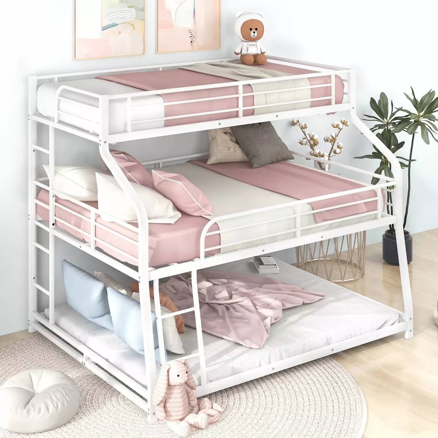 Twin-Over-Full-Over-Queen Metal Triple Bunk Bed 2 Ladders and Guardrails - Space-Saving 3--1 Bunk Bed White Triple Tree