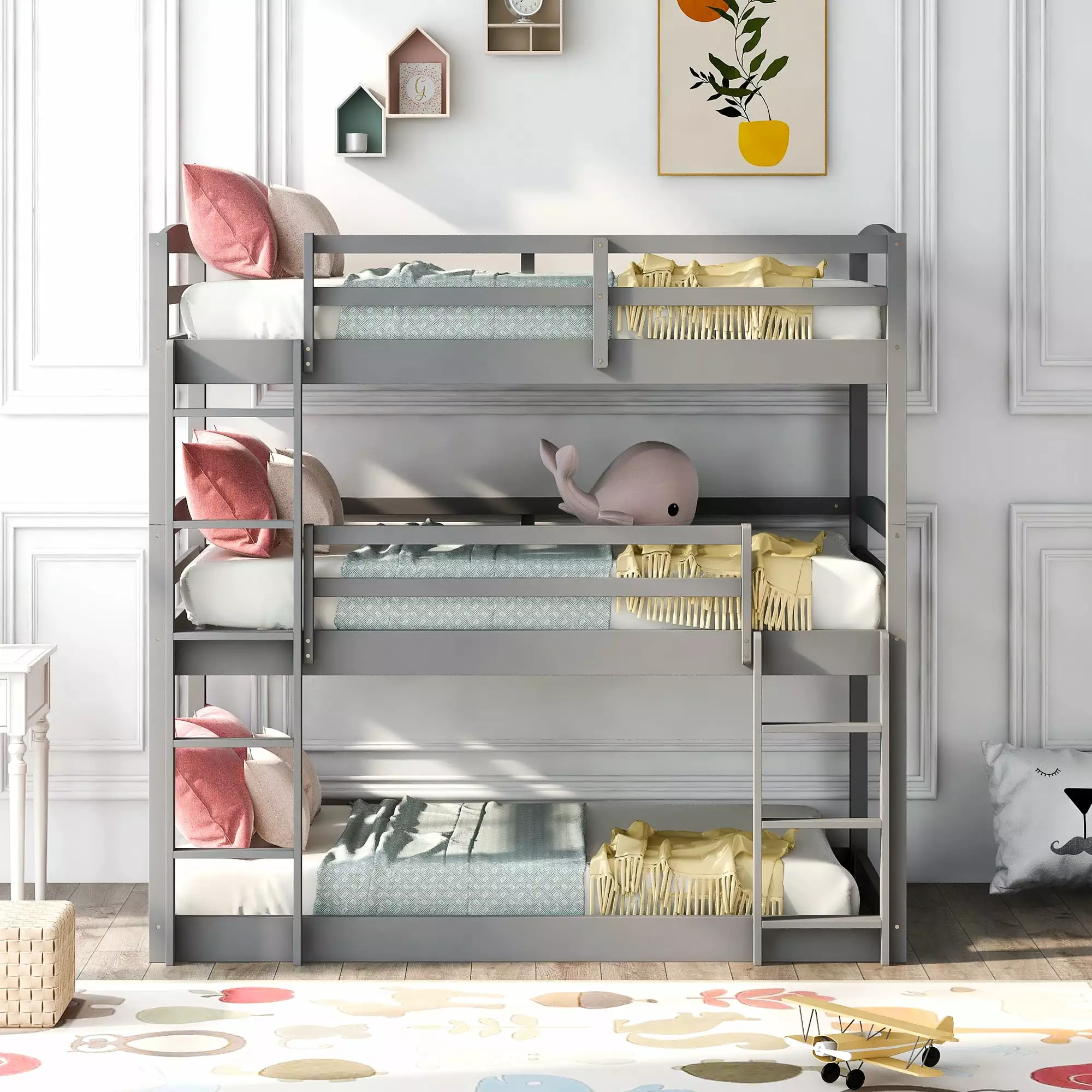 uhomepro Wooden Triple Floor Bunk Bed Kids - Convertible to Loft Bed Gray