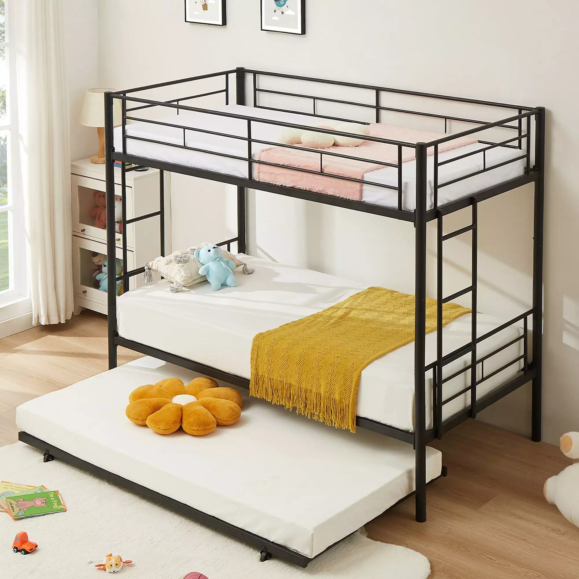 VECELO Twin Over Twin Bunk Beds Trundle - Metal 3 Twin Size Bed Frame Side Ladders