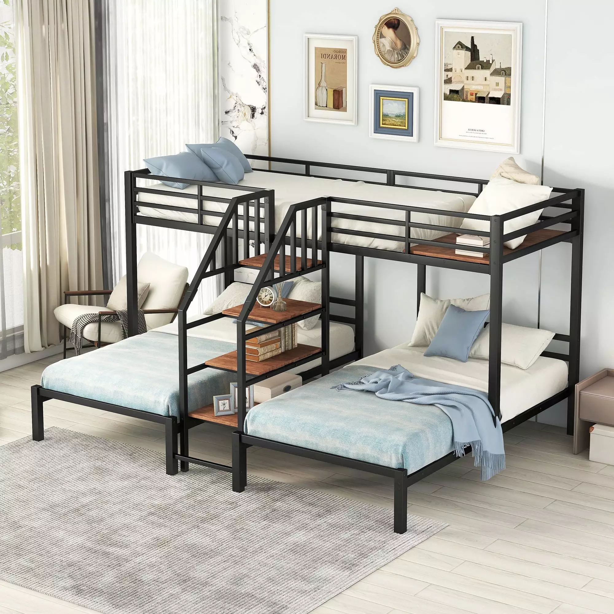 Homata L-Shaped Triple Bunk Bed Storage Shelves - Twin Over Twin & Twin Metal Frame YORIN