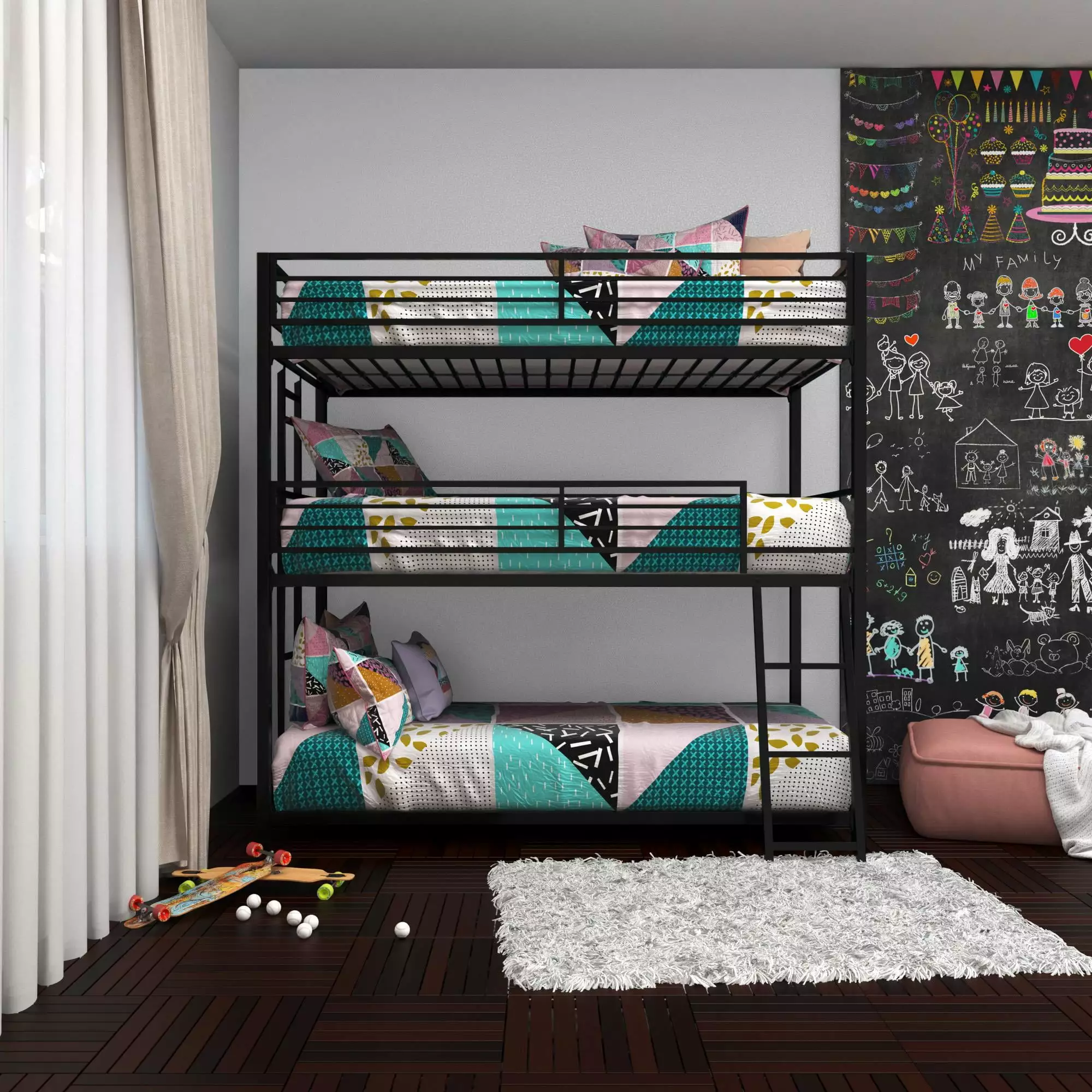 Your Zone June Triple Twin Metal Bunk Bed Black