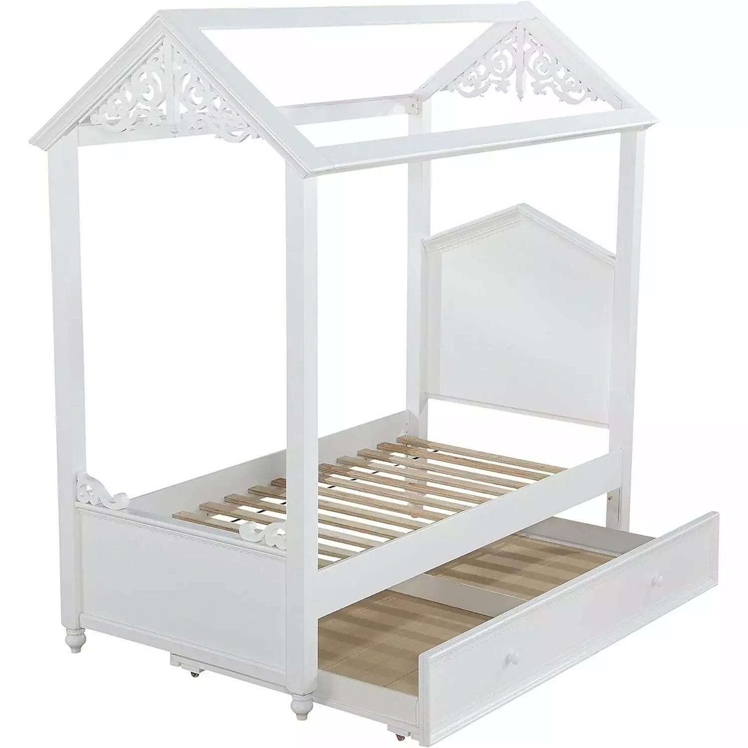Acme Furniture Rapunzel Twin Size Wood Frame Trundle Bed - White Finish - Space-Saving Bedroom Furniture