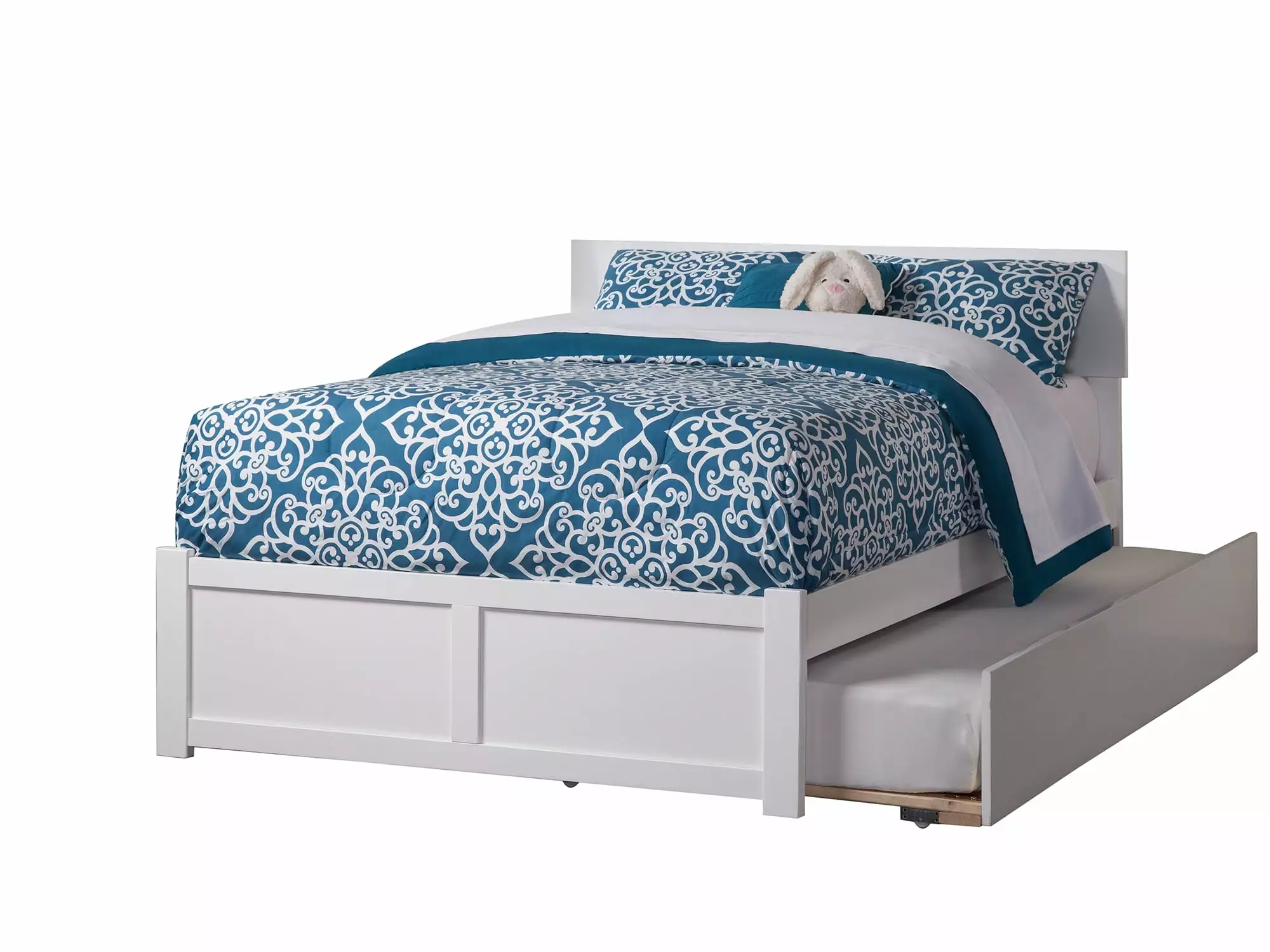 Orlando Full Platform Bed Flat Panel Foot Board and Twin Size Urban Trundle Bed White AFI