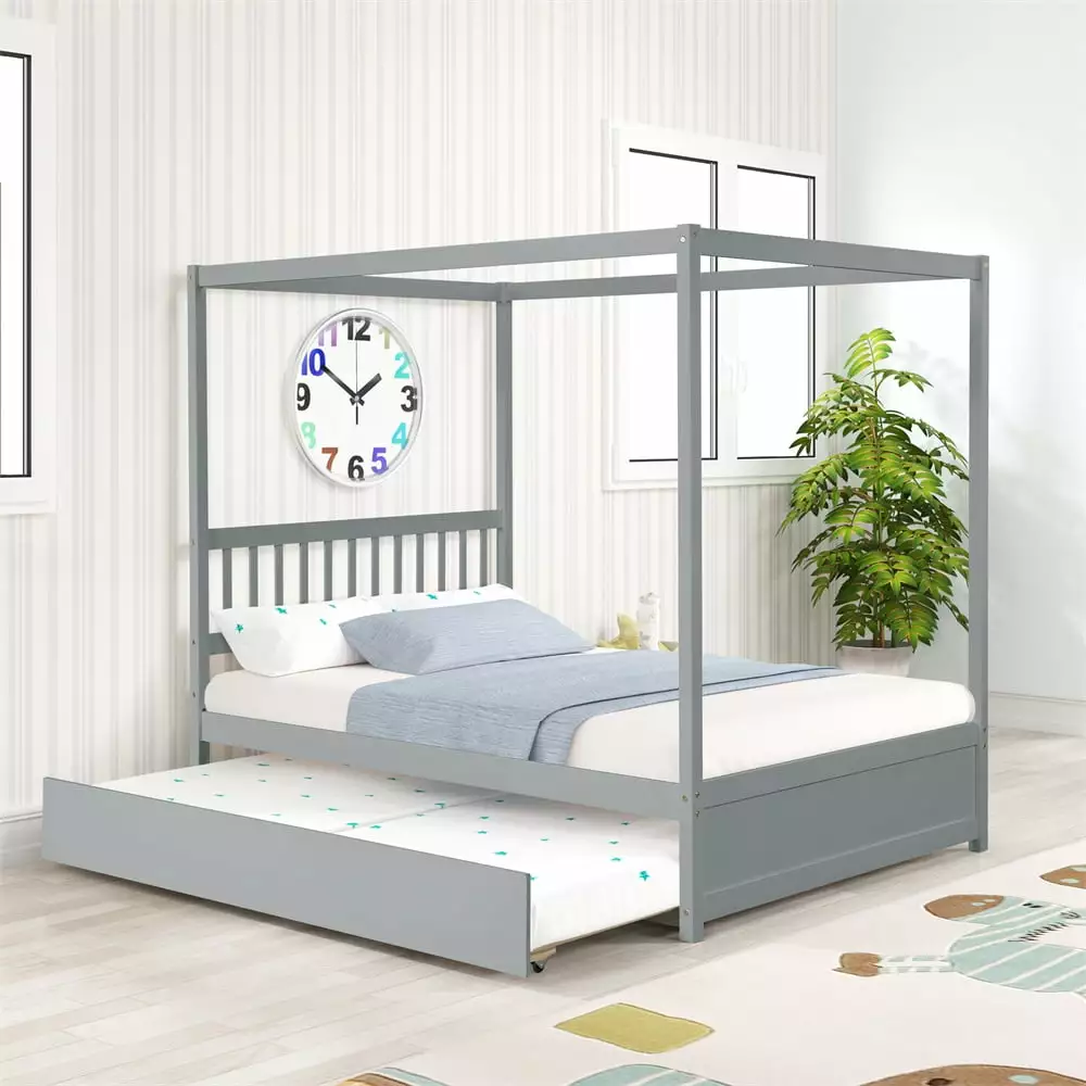 Canopy Bed Twin Size Trundle - Full Size Wood Platform Bed Hollow Headboard ARCTICSCORPION