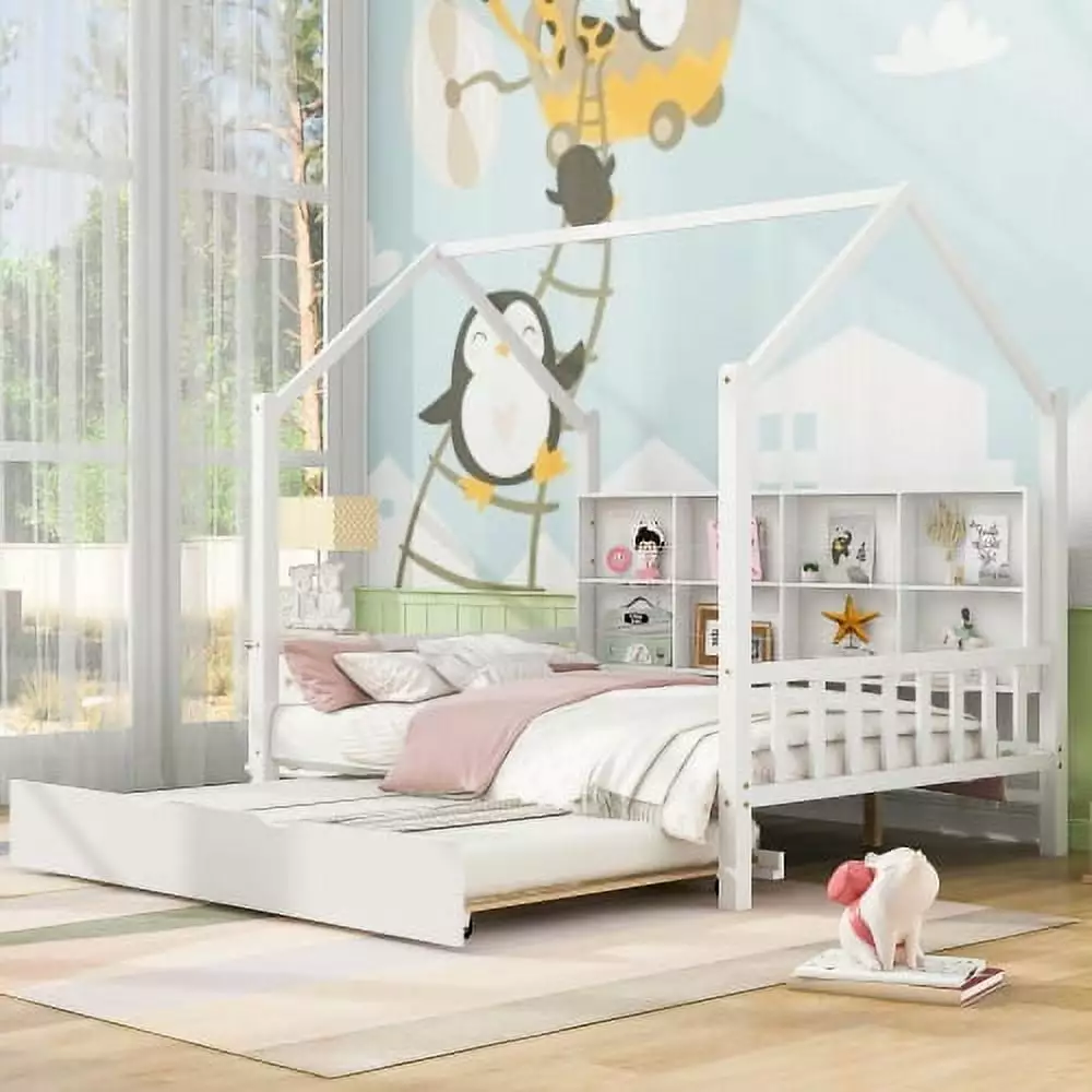 Full Size Houtilize Bed Trundle and Shelf - Solid Wood Bed Frame Kids No Box Spring Needed ARCTICSCORPION