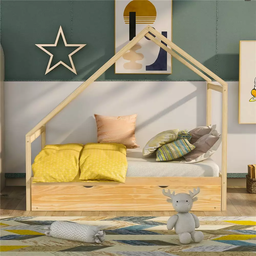 Full Size Wooden Houtilize Bed Trundle Bed Wooden Slat Support Sturdy Structure No Need Spring Box Natural Color ARCTICSCO...
