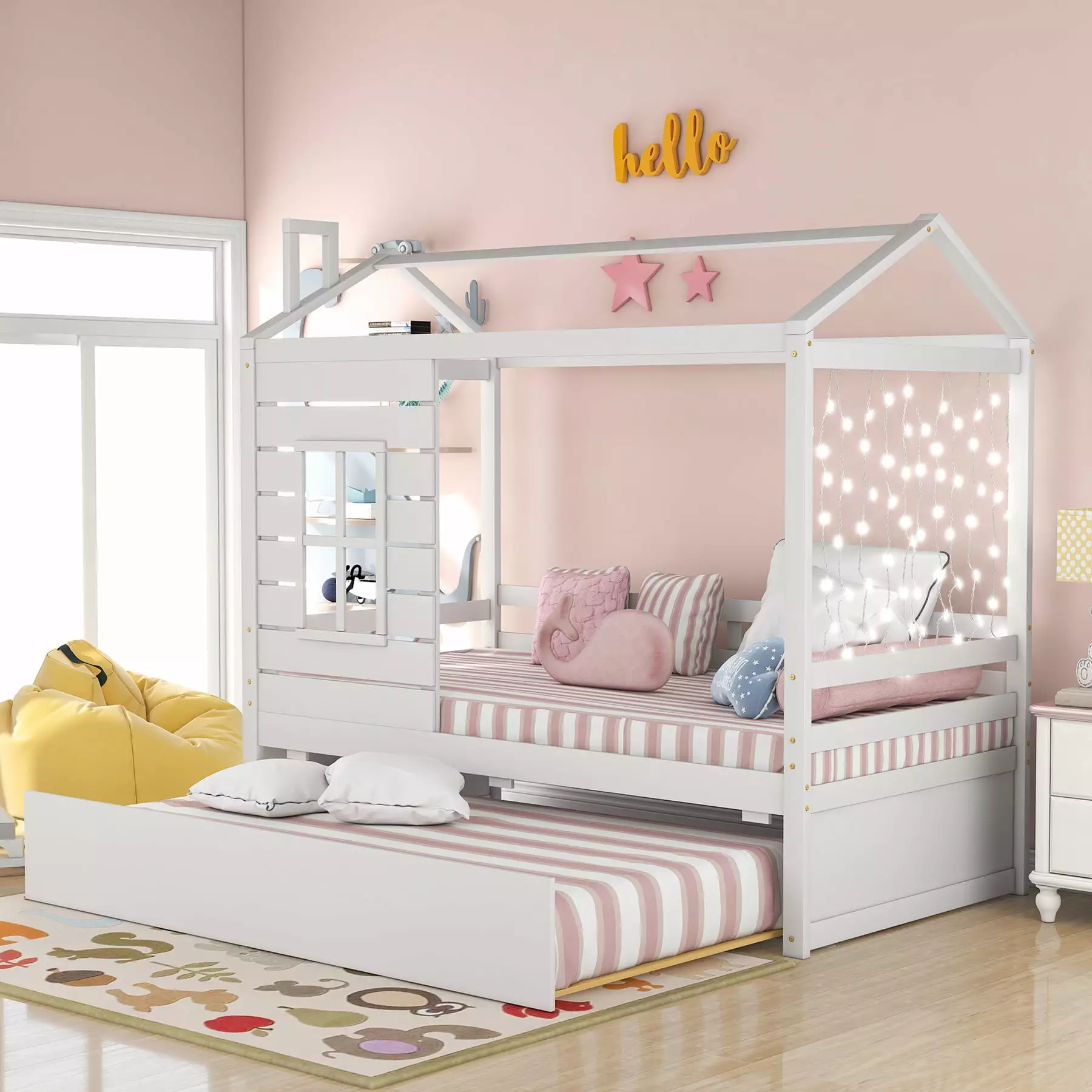 Houtilize Twin Size Trundle Bed Solid Wood Platform Frame Roof Window and Chimney Kids Teens Girls Boys Bedroom Easy Assem...
