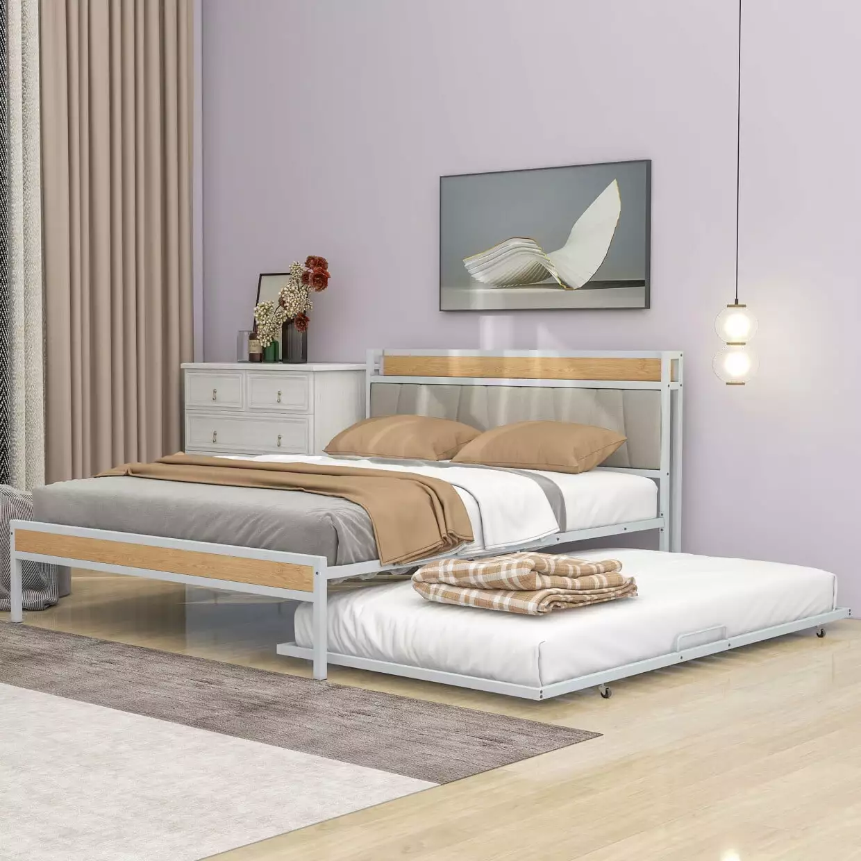 Queen Size Platform Bed Twin Size Trundle Metal Platform Bed Frame Upholstered Headboard Sockets USB Ports Sturdy Slat Sup...