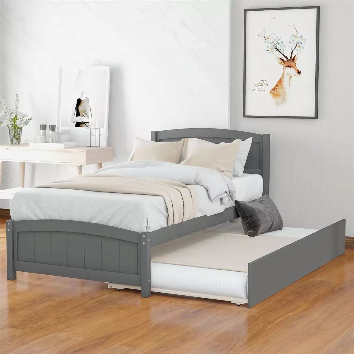 Twin Size Bed Frame Trundle Platform Bed Headboard Kids Teens Solid Wood Furniture ARCTICSCORPION