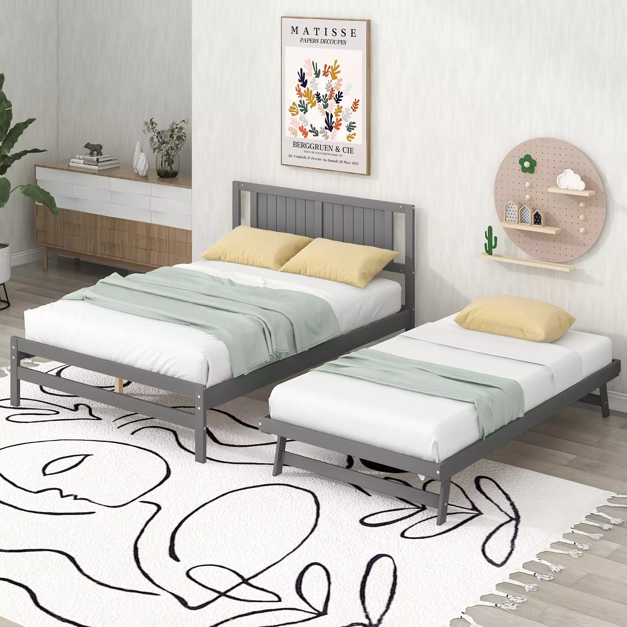 Bellemave Full Size Platform Bed Adjustable Trundle Wooden Bed Frame Headboard No Box Spring Needed Gray