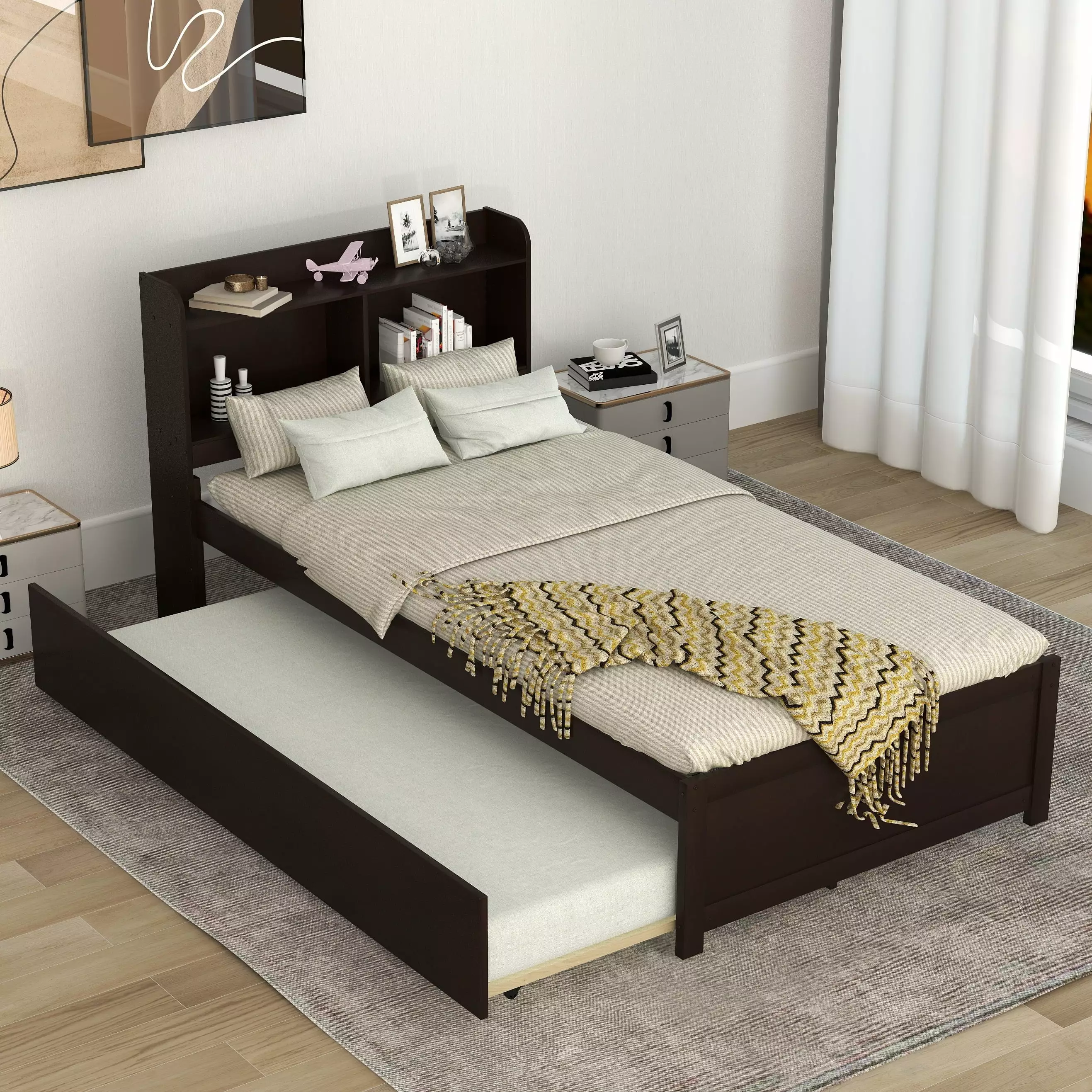 Bellemave Twin Bed Twin Trundle and Bookcase Headboard Wooden Twin Size Platform Bed Storage Shelves Kids Teens Adults Esp...