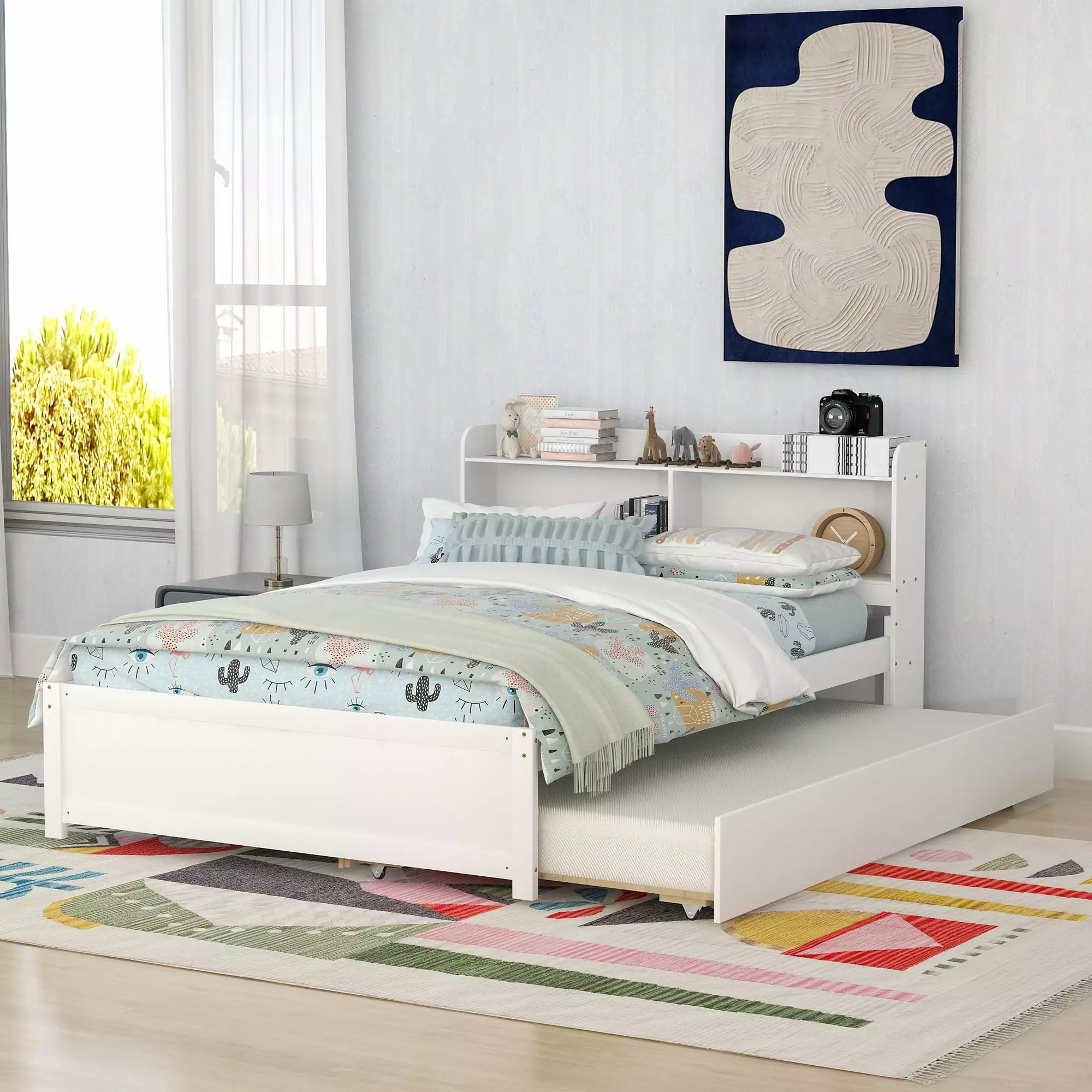 Full Trundle Bed Bookcase Headboard Wood Platform Bed Frame Kids Teens White Bellemave