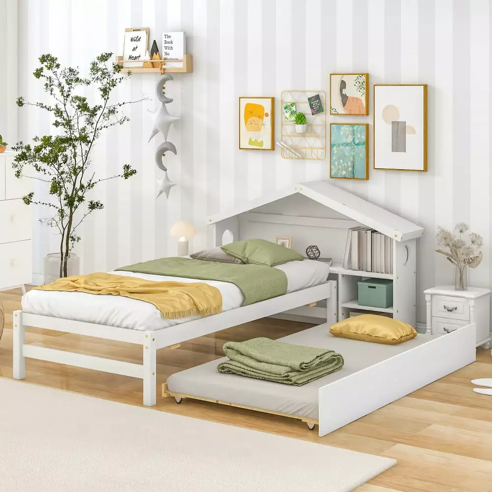 CCBUY White Twin Bed Frame Trundle and Bedside Table - Solid Wood and Bookcase Headboard