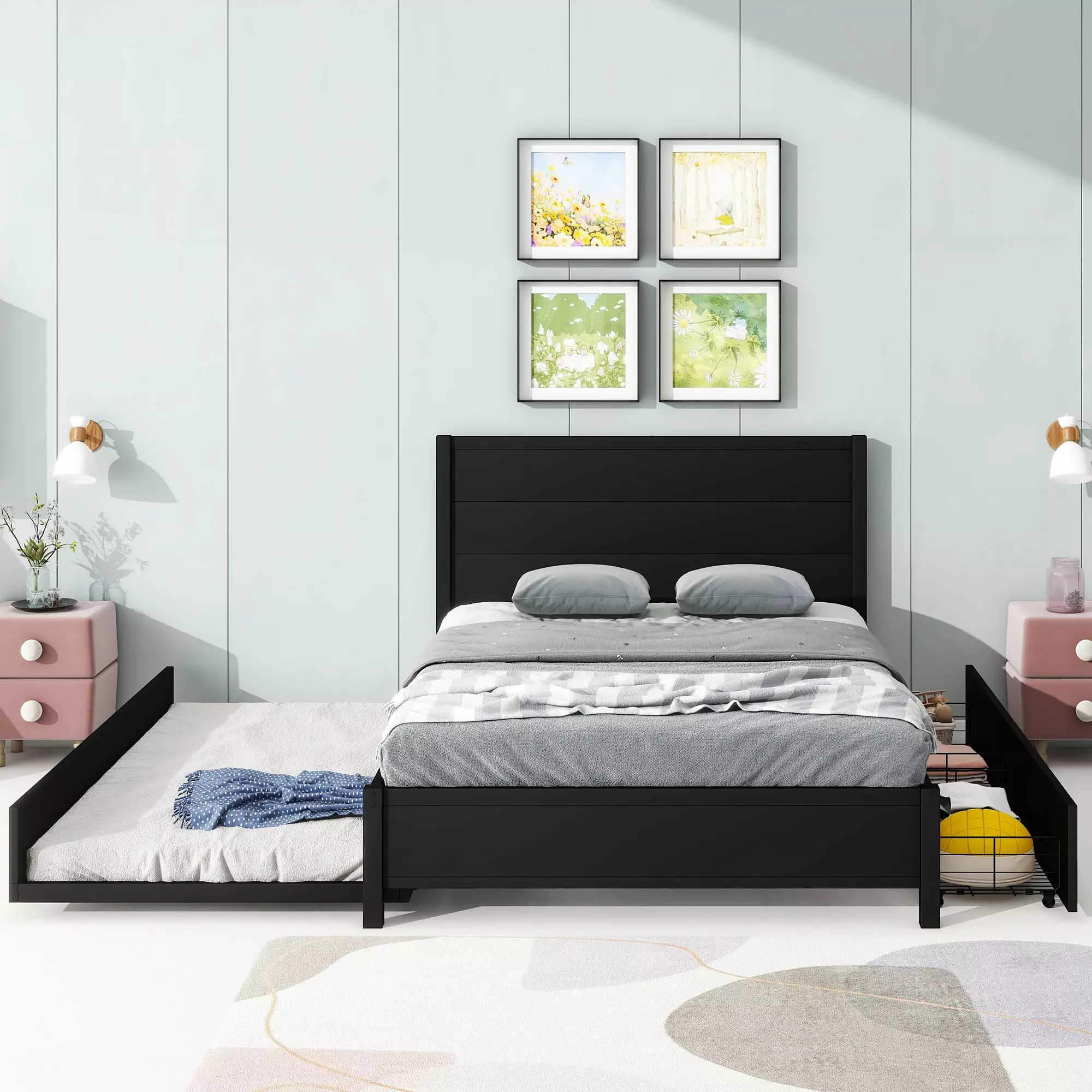 Euroco Metal Full Size Platform Bed 2 Drawers and Twin Trundle Solid Metal Frame Headboard