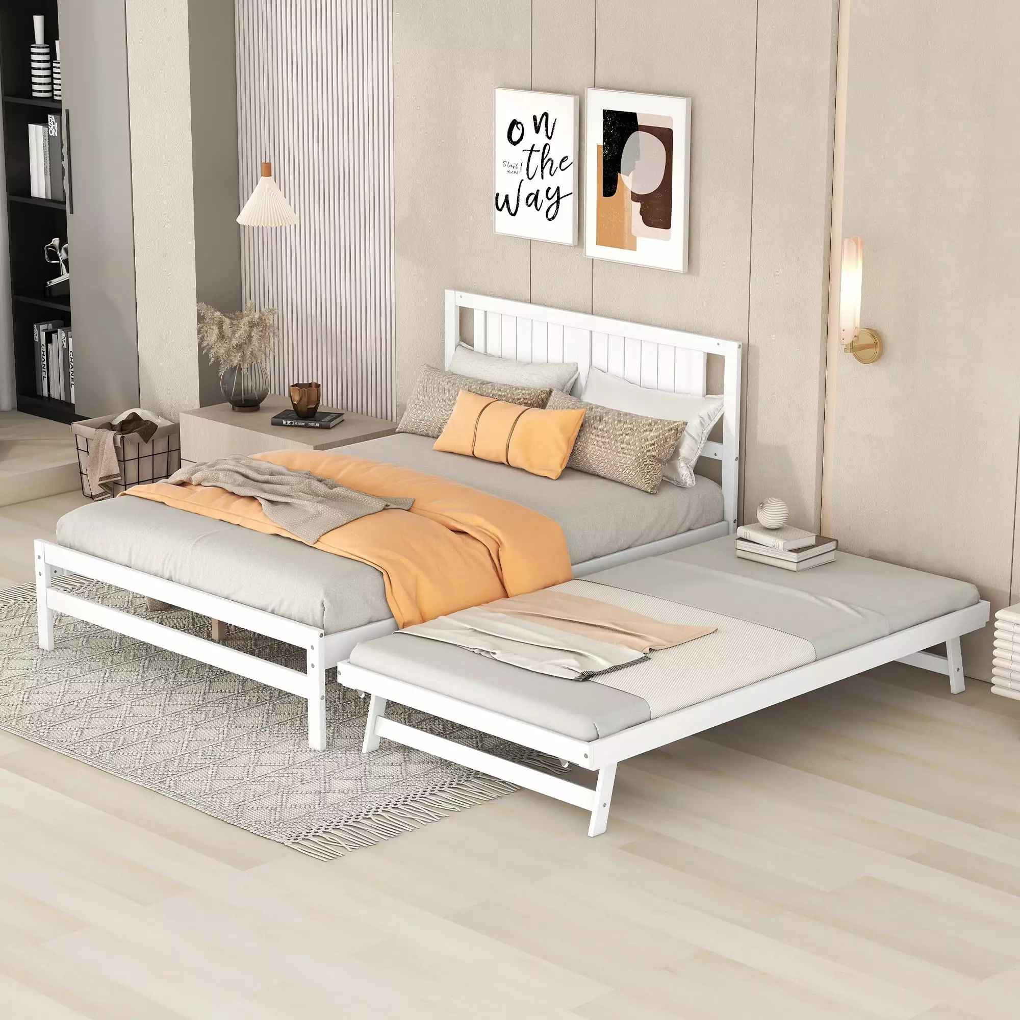 Euroco Wood Full Size Platform Bed Trundle Frame Set Wooden Bed Frame Convertible Trundle Bed Kids Teens Adults White