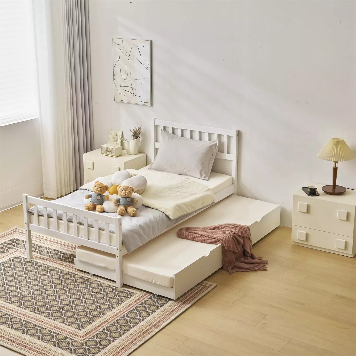 Ktaxon Twin Size Wood Bed Frame Trundle and Headboard White Finish