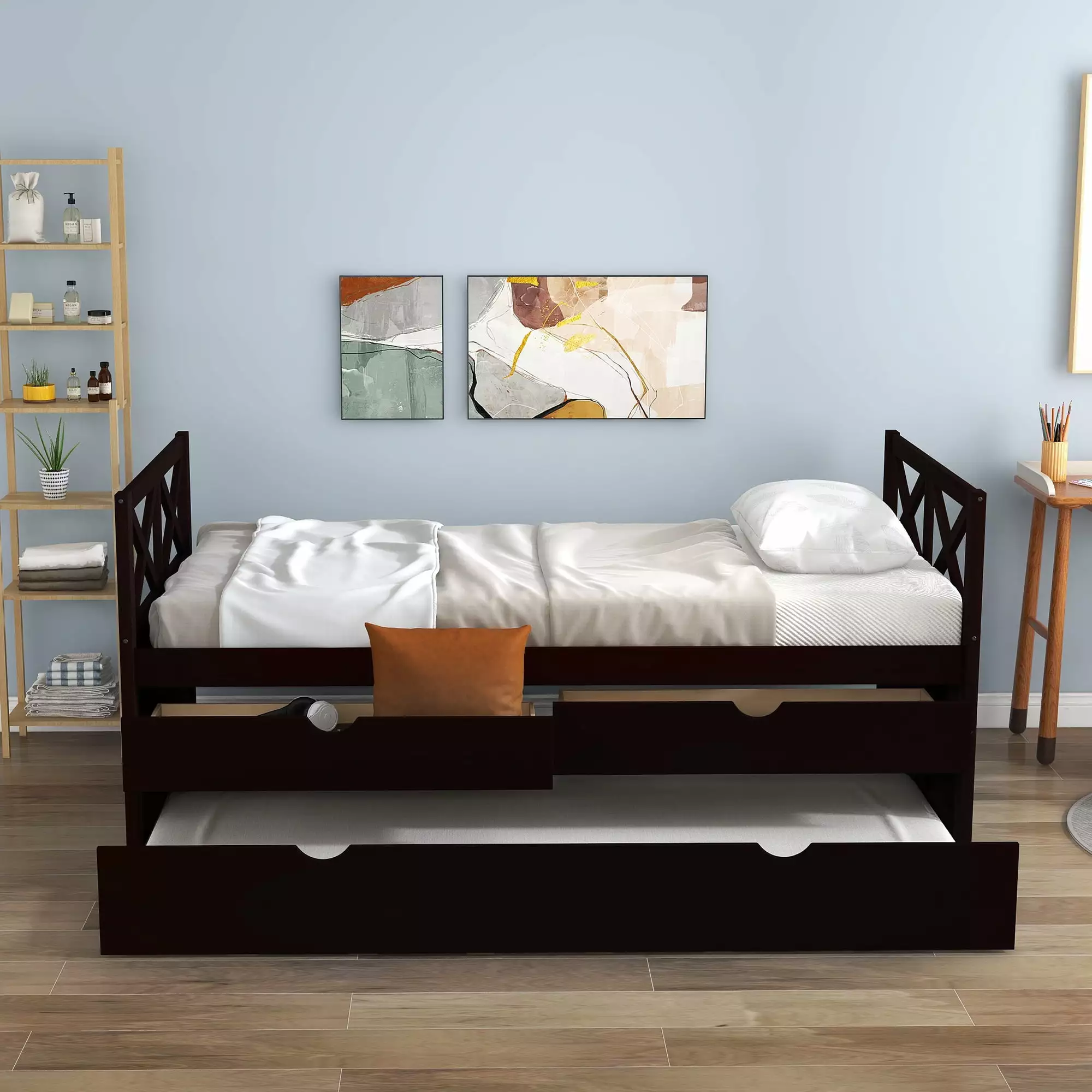 Captain Wood Bed Trundle and Drawers Twin Kids Bedroom Brown Merax