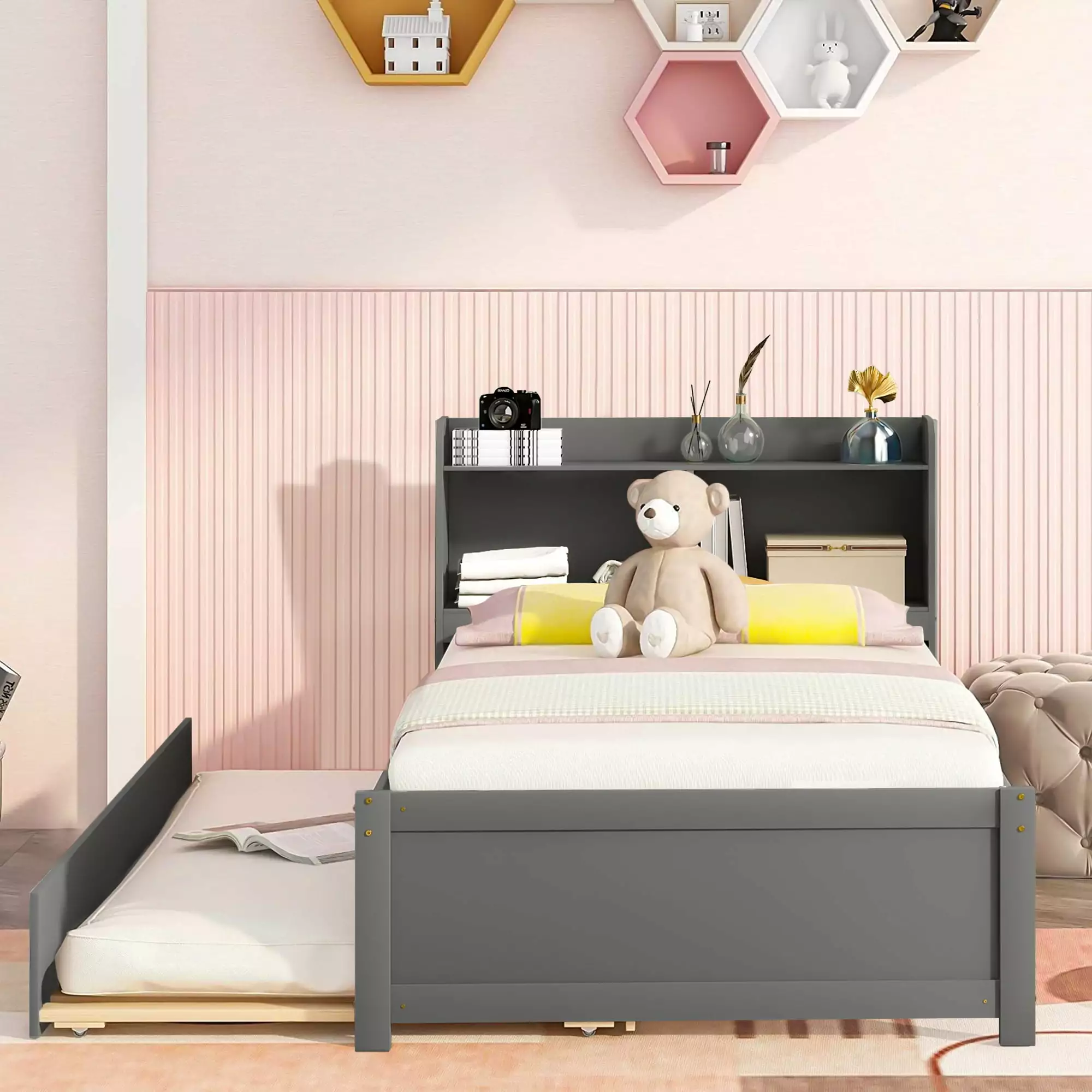 SYNGAR Modern Twin Platform Bed Trundle Bookcase Headboard Gray D7738