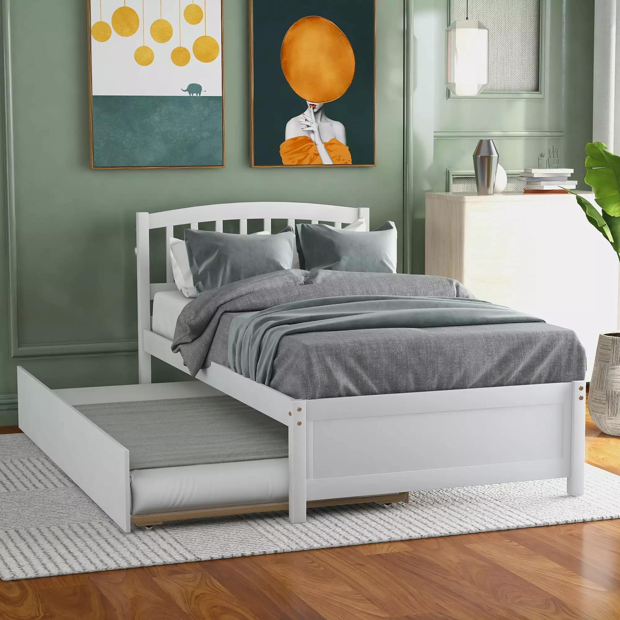 SYNGAR Trundle Bed Twin Pine Wood Platform Bed Frame Trundle Headboard Small Spaces No Box Spring White