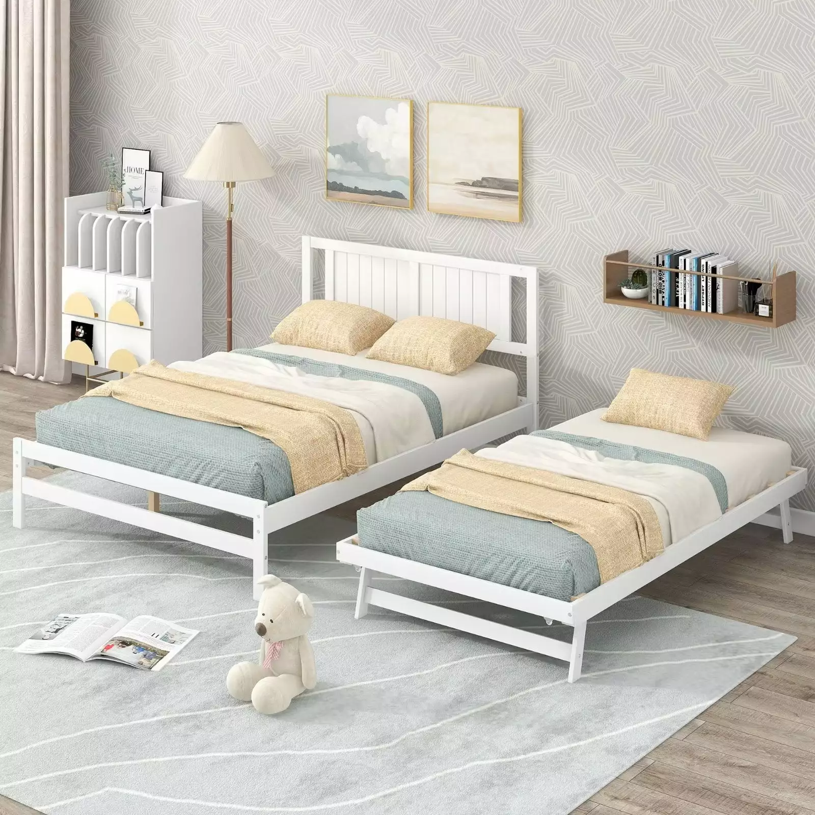 Full Size Platform Bed Adjustable Trundle Bed Solid Wood 2--1 Bed Frame Headboard No Box Spring Needed White Triple Tree