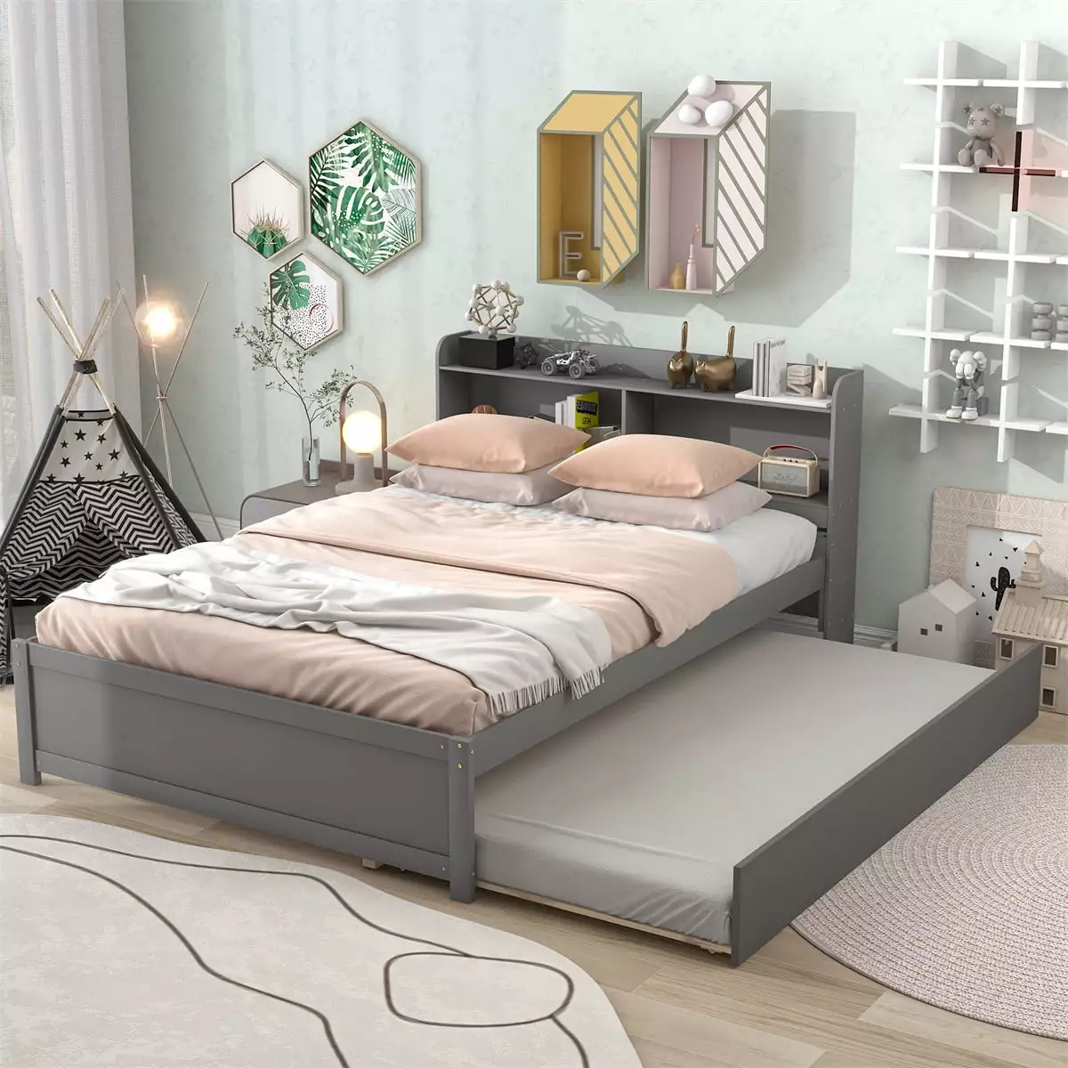 Full Size Platform Bed Frame Trundle and Bookcase Headboard Kids Boys and Girls Gray Triple Tree