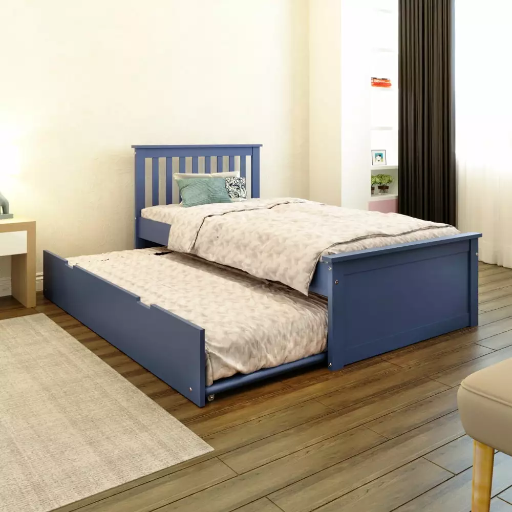 TRIPLE TREE Twin Platform Bed Pull-out Trundle - Modern 2--1 Solid Wood Bed Frame Blue