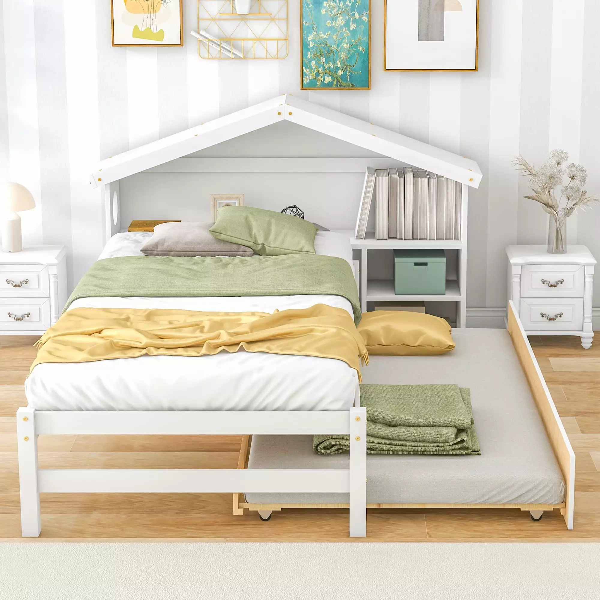 Twin Bed Frame Trundle Twin Size Platform Bed Bookcase Headboard and Pull Out Trundle Bed Solid Pine Wood Twin Bed Frame T...