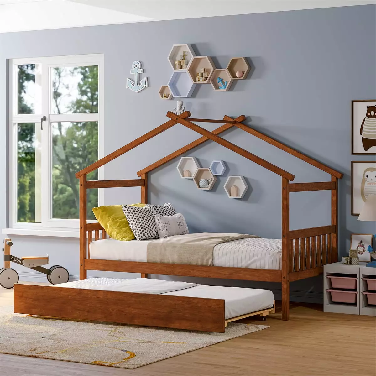 Twin Houtilize Bed Trundle Wooden Kids Full Bed Frame Toddlers Teens Walnut Triple Tree