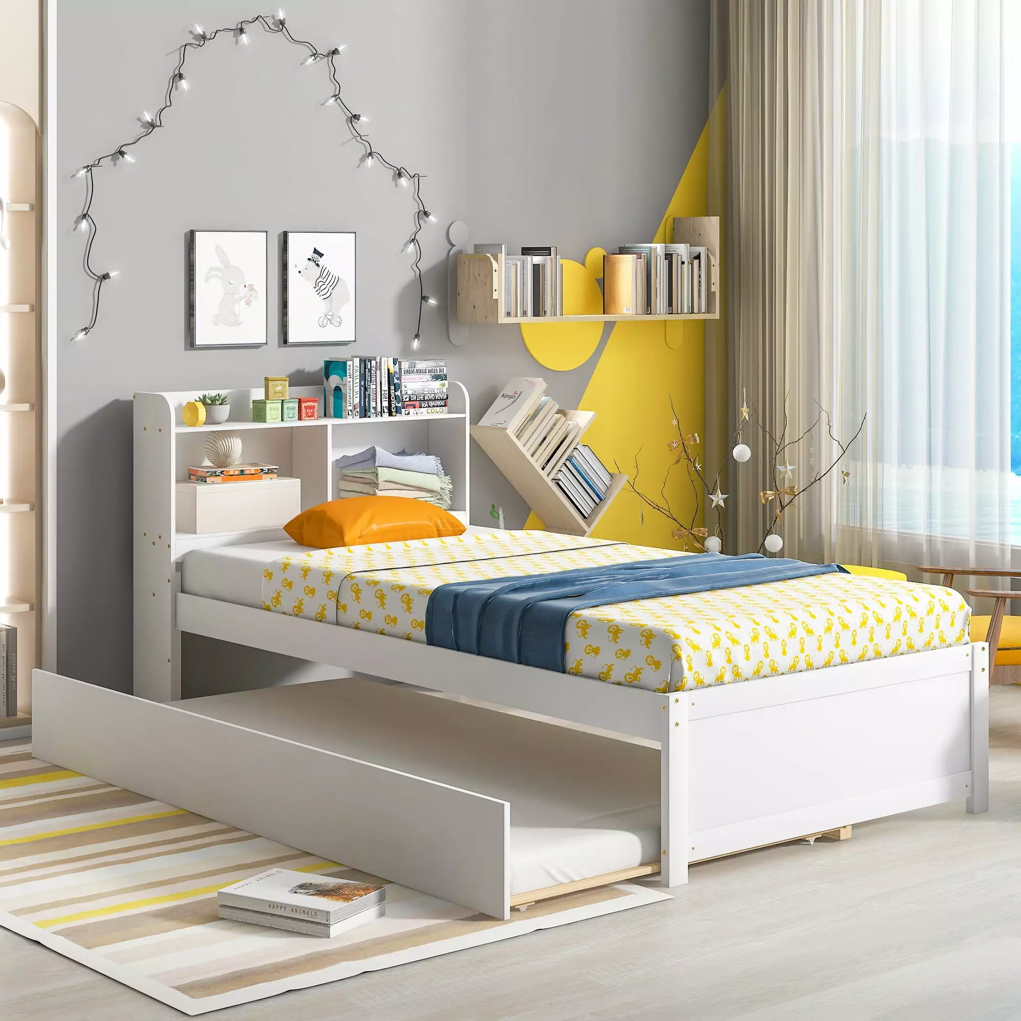 uhomepro Twin Bed Frame Bookcase Headboard and Trundle Pine Wood Platform Bed Kids No Box Spring Needed White