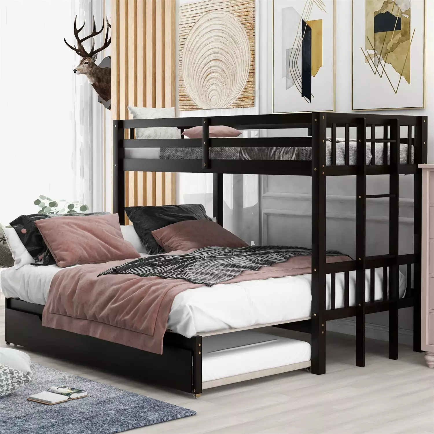 Twin over Pull-out Bunk Bed Trundle - Solid Wood Twin Over Twin or King Bunk Bed - Extendable Bunk Bed 4 People - Espresso...