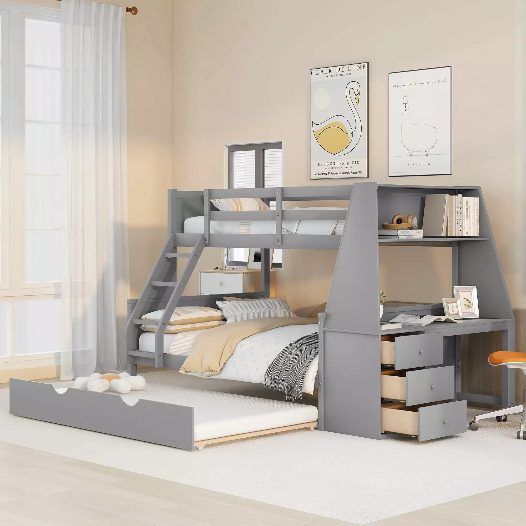 EUROCO Wood Twin over Full Bunk Bed Twin Trundle and Built- Desk Kids Teens Adults Gray