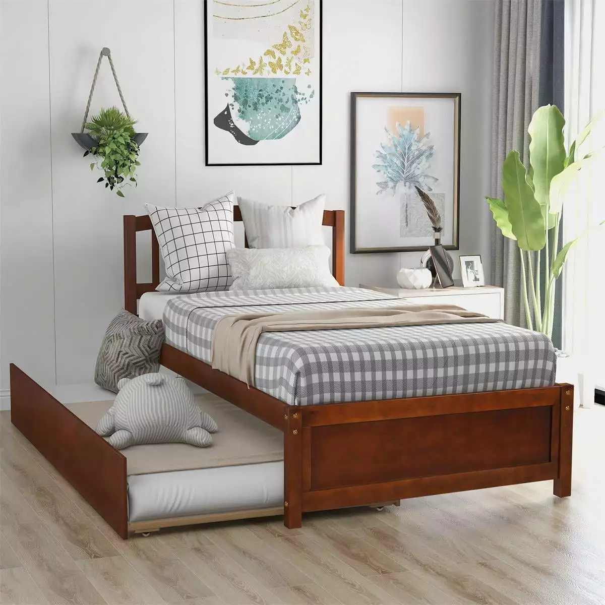 Twin Size Platform Bed Trundle Solid Wood Daybed Headboard Kids Teens Adults Walnut ARCTICSCORPION