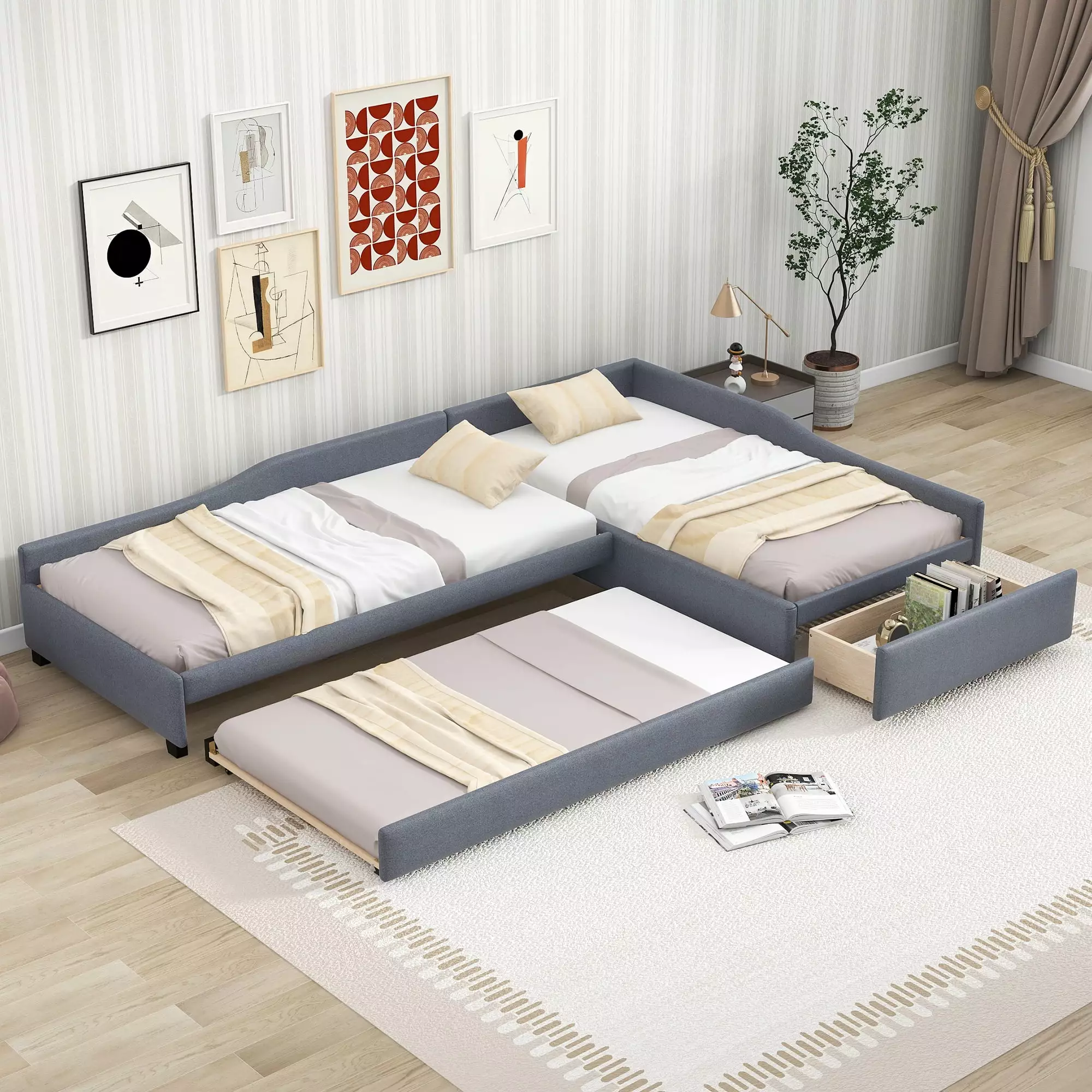 Euroco Upholstery L-Shaped Twin Size DayBed Storage Drawer and Trundle Gray Three Beds One