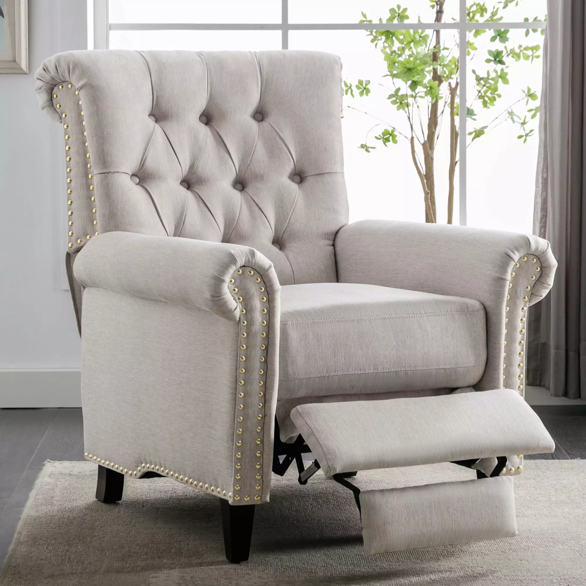 Pushback Linen Tufted Recliner Single Sofa Nailheads Roll Arm Tan Wobythan