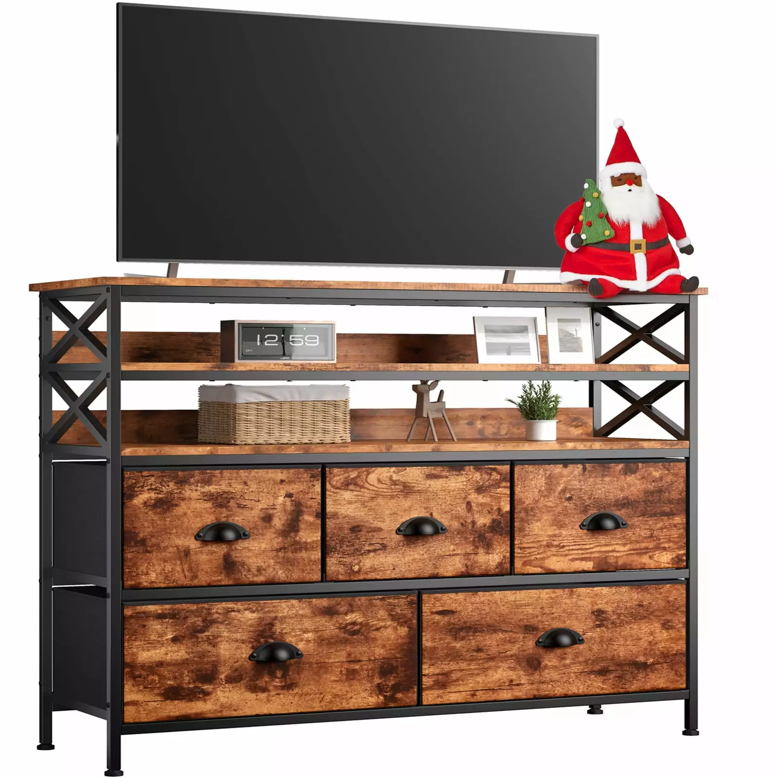EnHomee Rustic Brown 5 Drawer Wide Dresser TV Stand Wood Shelves