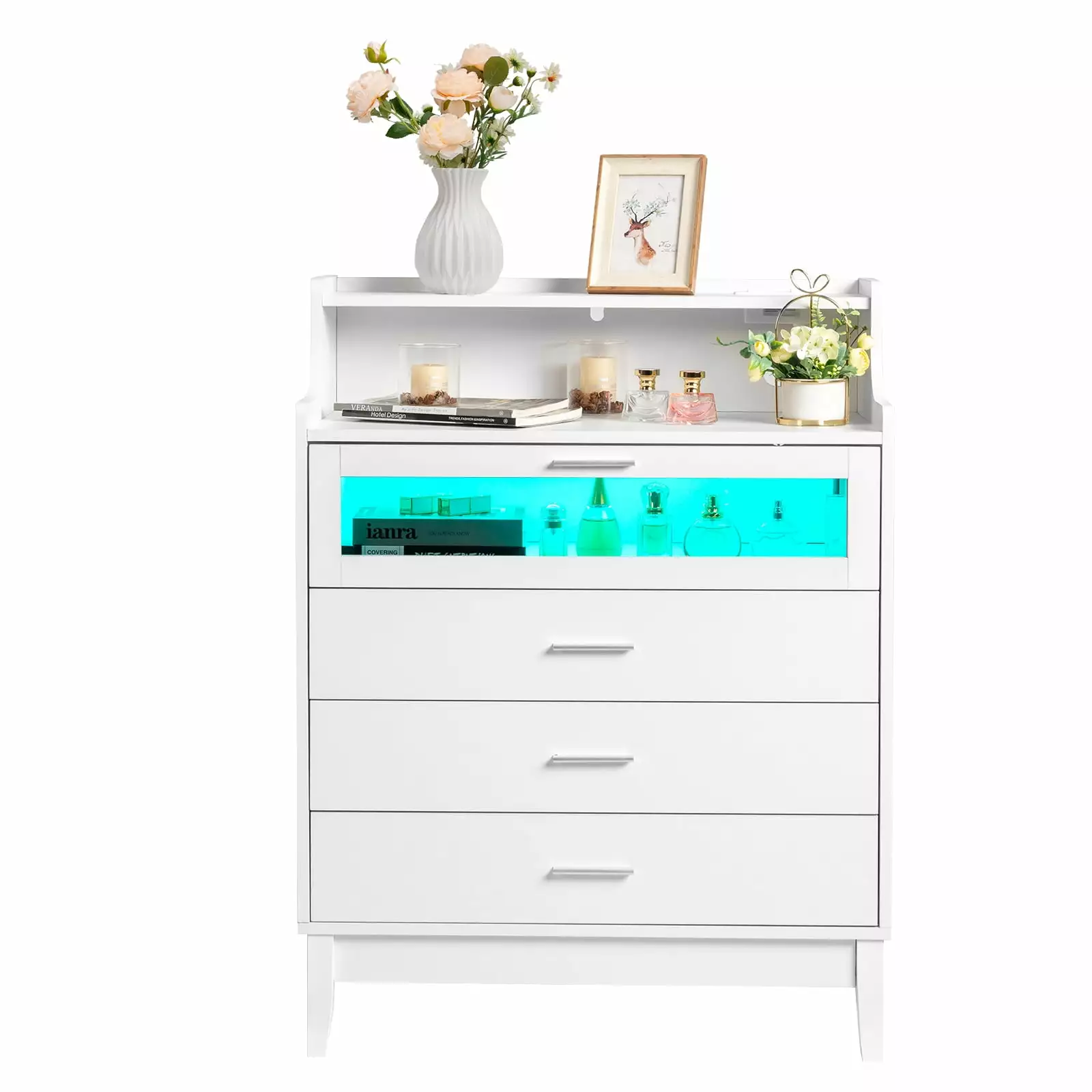GoDecor 4-Drawer Dresser Power Outlet LED Light Black Wood Wide TV Dresser Stand Bedroom Hallway FCH