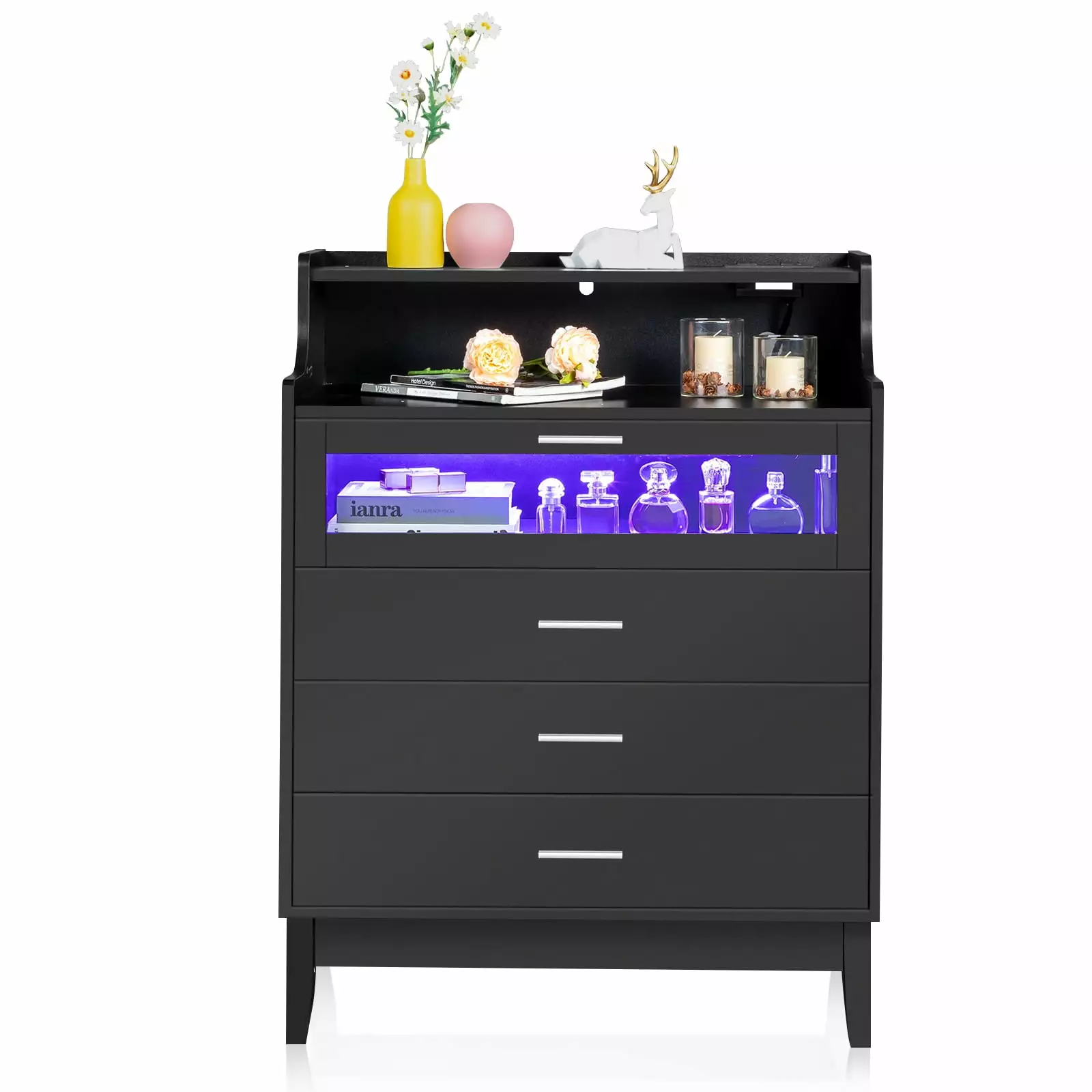 GoDecor 4-Drawer Dresser Power Outlet LED Light Black Wood Wide TV Dresser Stand Bedroom Hallway FCH
