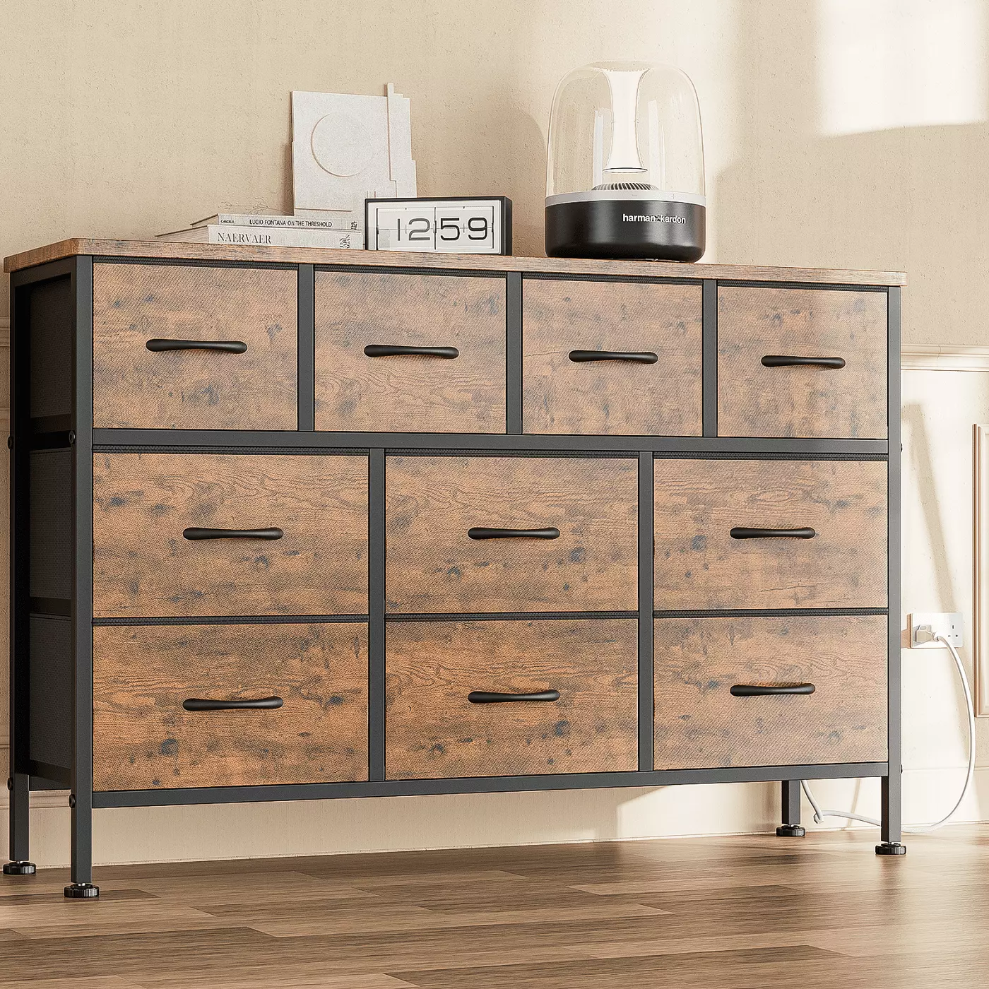 GIKPAL 10 Drawer Dresser TV Stand Power Outlet 55 Inch TV Brown