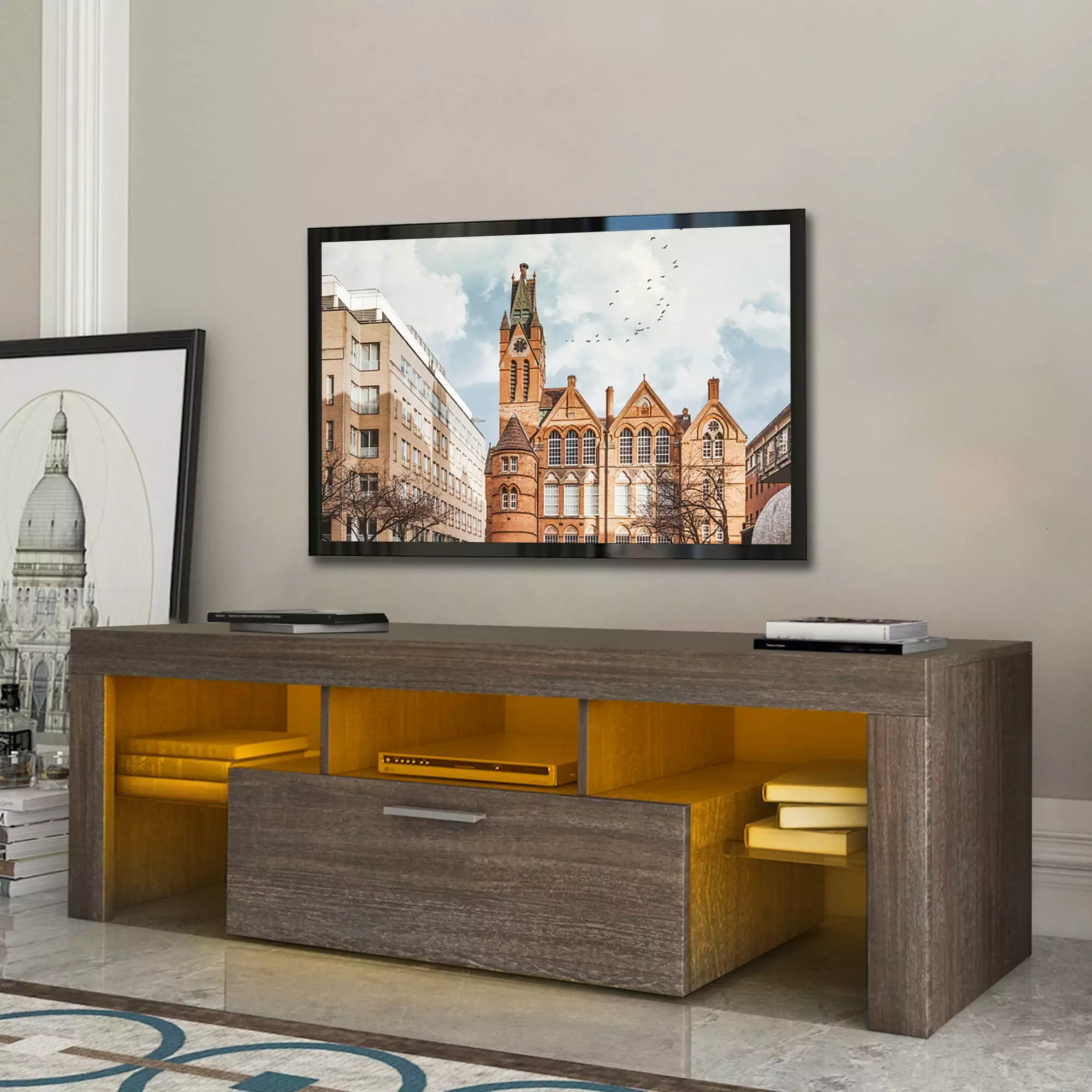 uhomepro Farmhoutilize TV Stand 55 Inch TV Modern LED TV Stand Entertainment Center Storage Cabinet Glass Shelves Brown