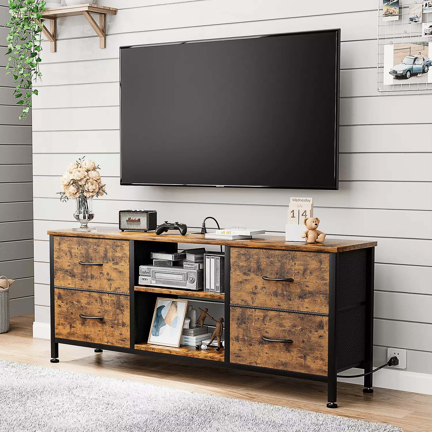 GIKPAL 4 Drawer Dresser TV Stand Power Outlet 50 TV Chest Drawers Living Room Brown