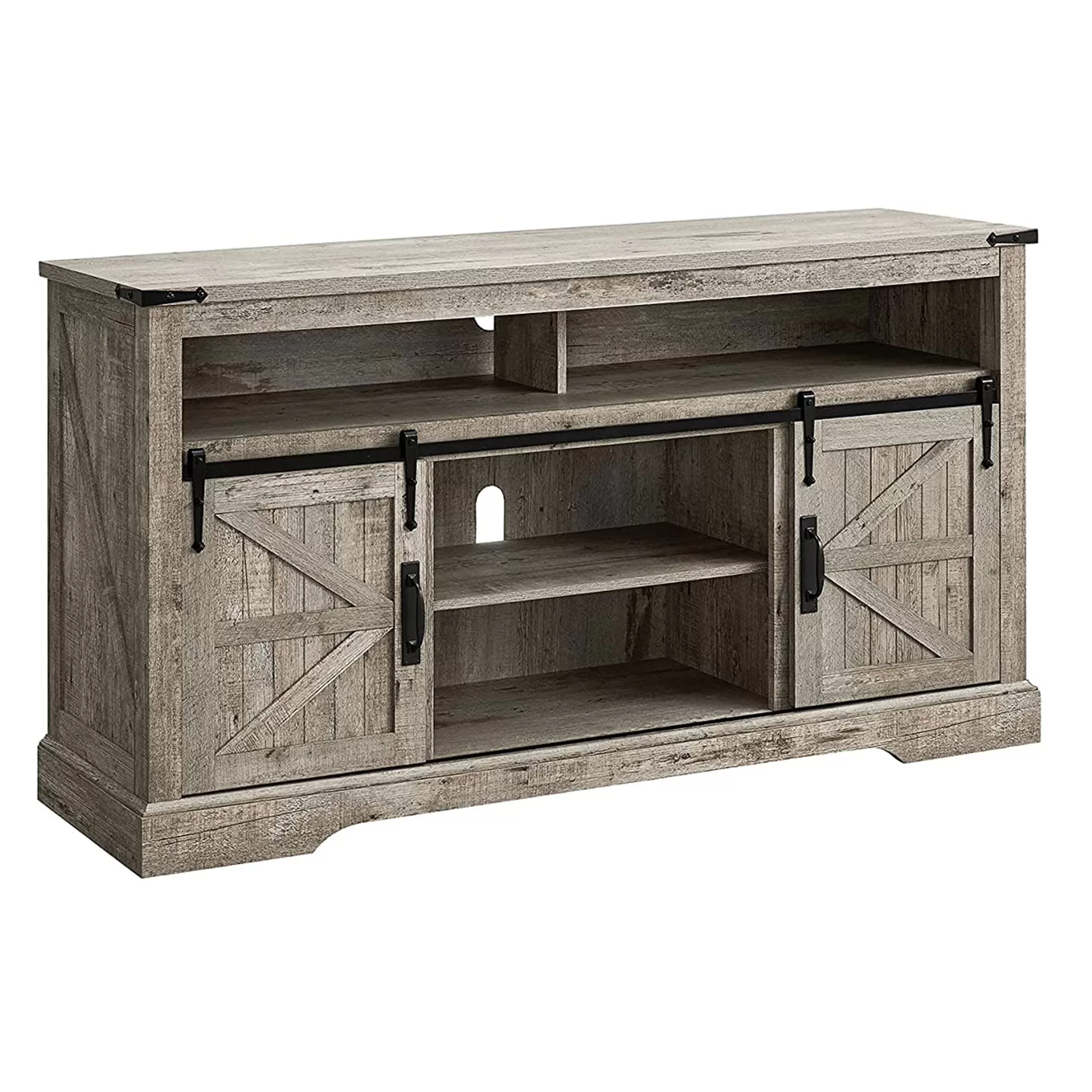 OKD 60-Inch Sliding Barn Door Wooden Farmhouse Highboy TV Stand Light Oak