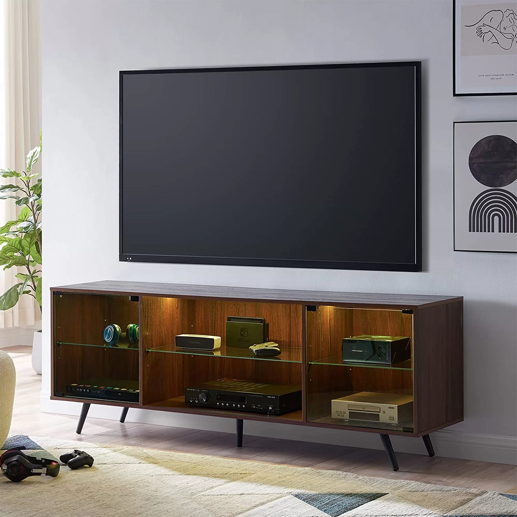 OKD Modern 75 Inch TV Stand LED Lights Shelves and Magnetic Doors Dark Walnut