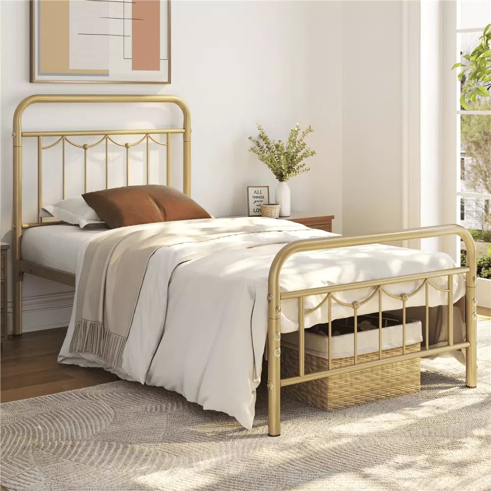 Alden Design Metal Platform Twin Bed Vintage Headboard and Footboard Antique Gold - Elegant Bed Frame Kids or Adults