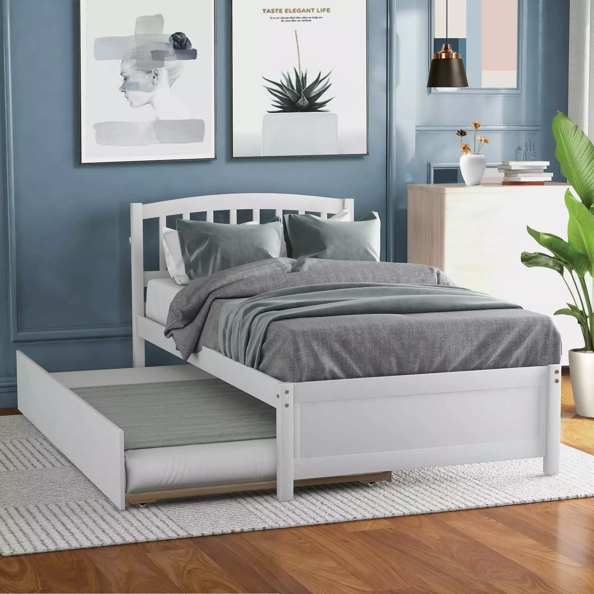 Aukfa Twin Platform Bed Trundle - Trundle Bed Headboard Kids Teens White