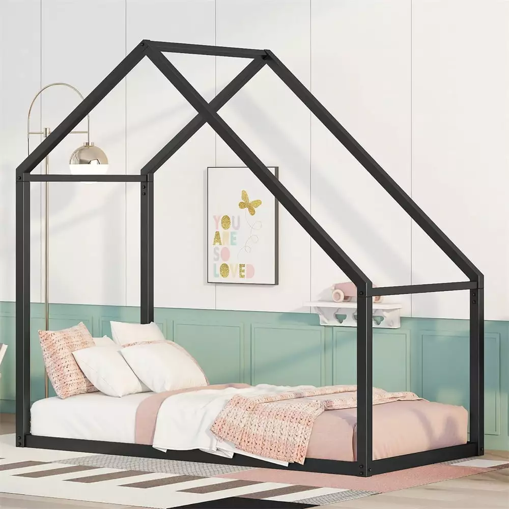 Twin Size Metal Bed Frame Roof Slatted Base Houtilize Shape Playhoutilize Tent Bed No Box Spring Needed Black JINS & VICO