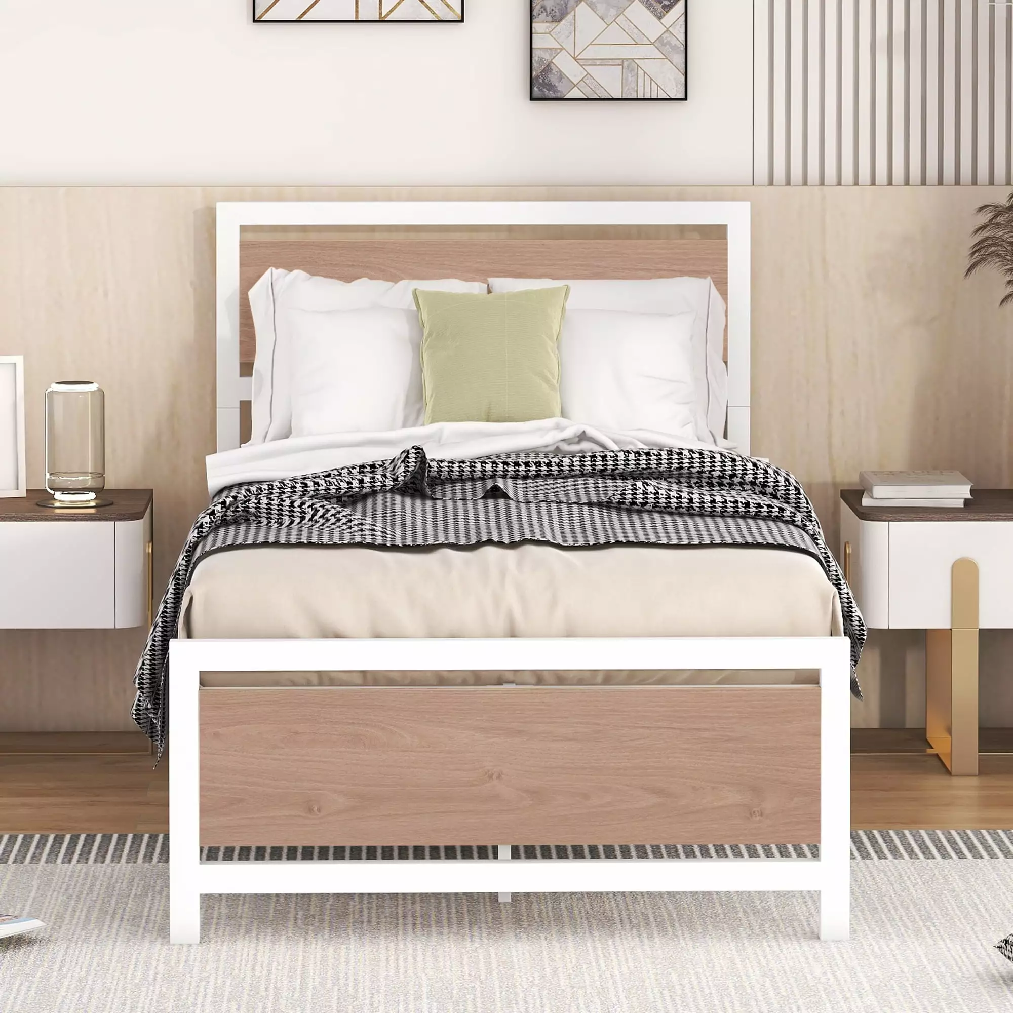 BTMWAY Twin Size Bed Frame Heavy Duty Metal and Wood Headboard and Footboard No Box Spring Needed Easy to Assemble White L...