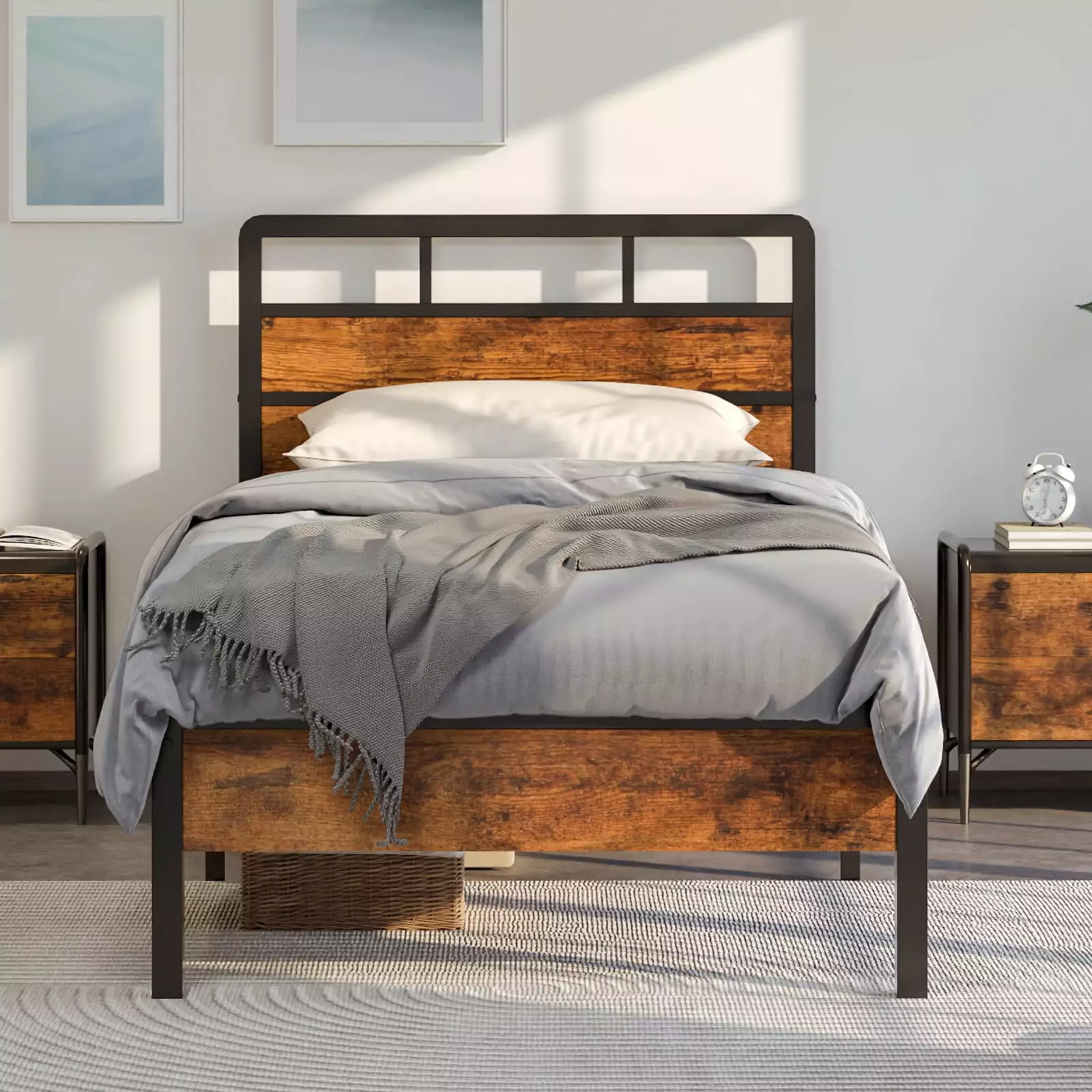 MOKA Twin Bed Frame Headboard No Box Spring Needed Vintage Brown Metal Platform