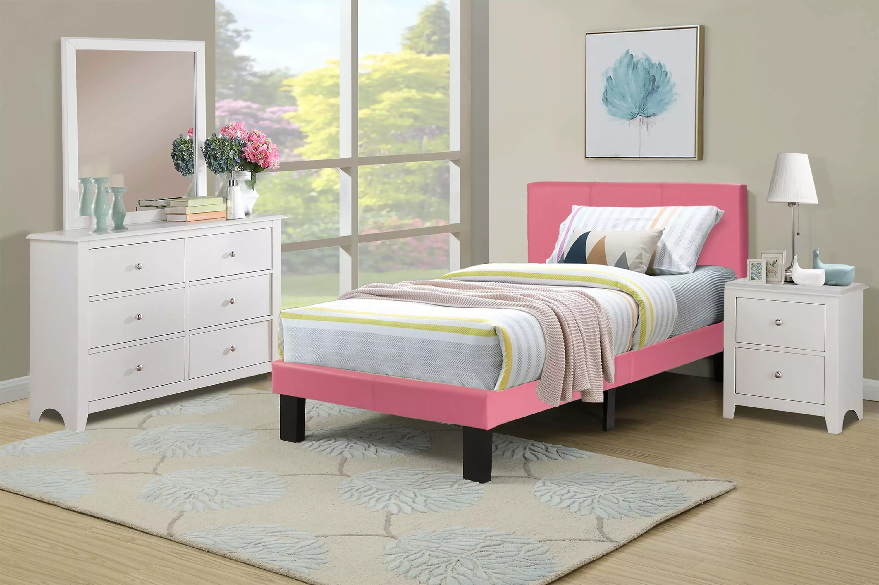 Poundex F9300T Upholstered Bed Frame Slats Pink Faux Leather Twin Size